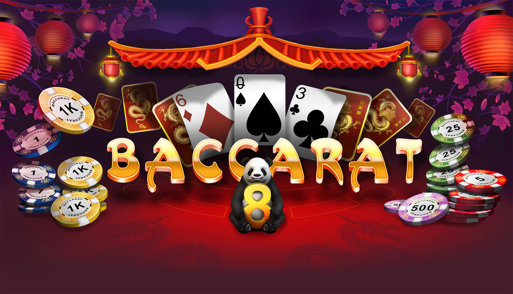 Baccarat, panda holding an eight, glowing cards chips, HD Desktop Wallpaper