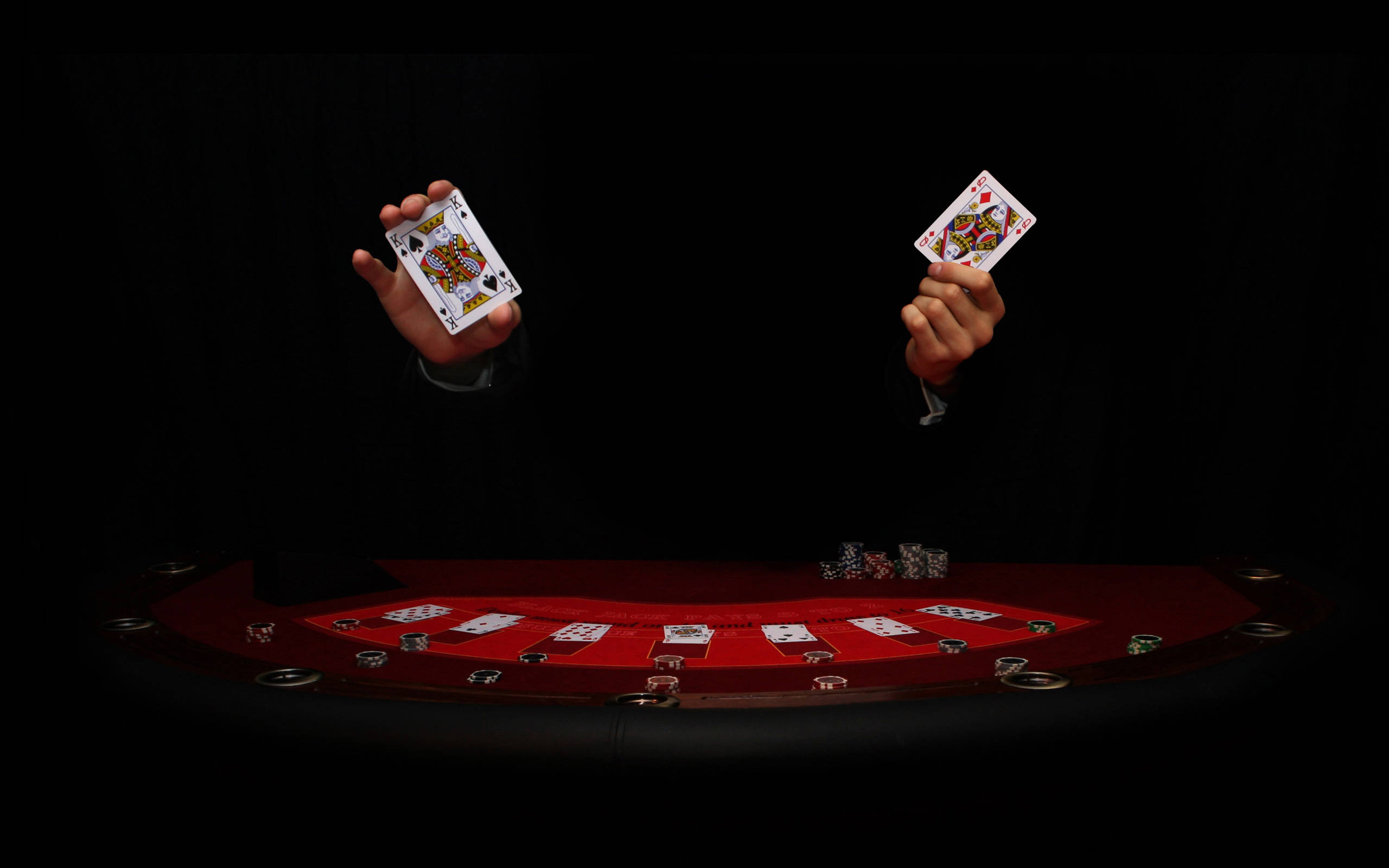 Baccarat, royal flush cards, red poker table, 2K Desktop Wallpaper