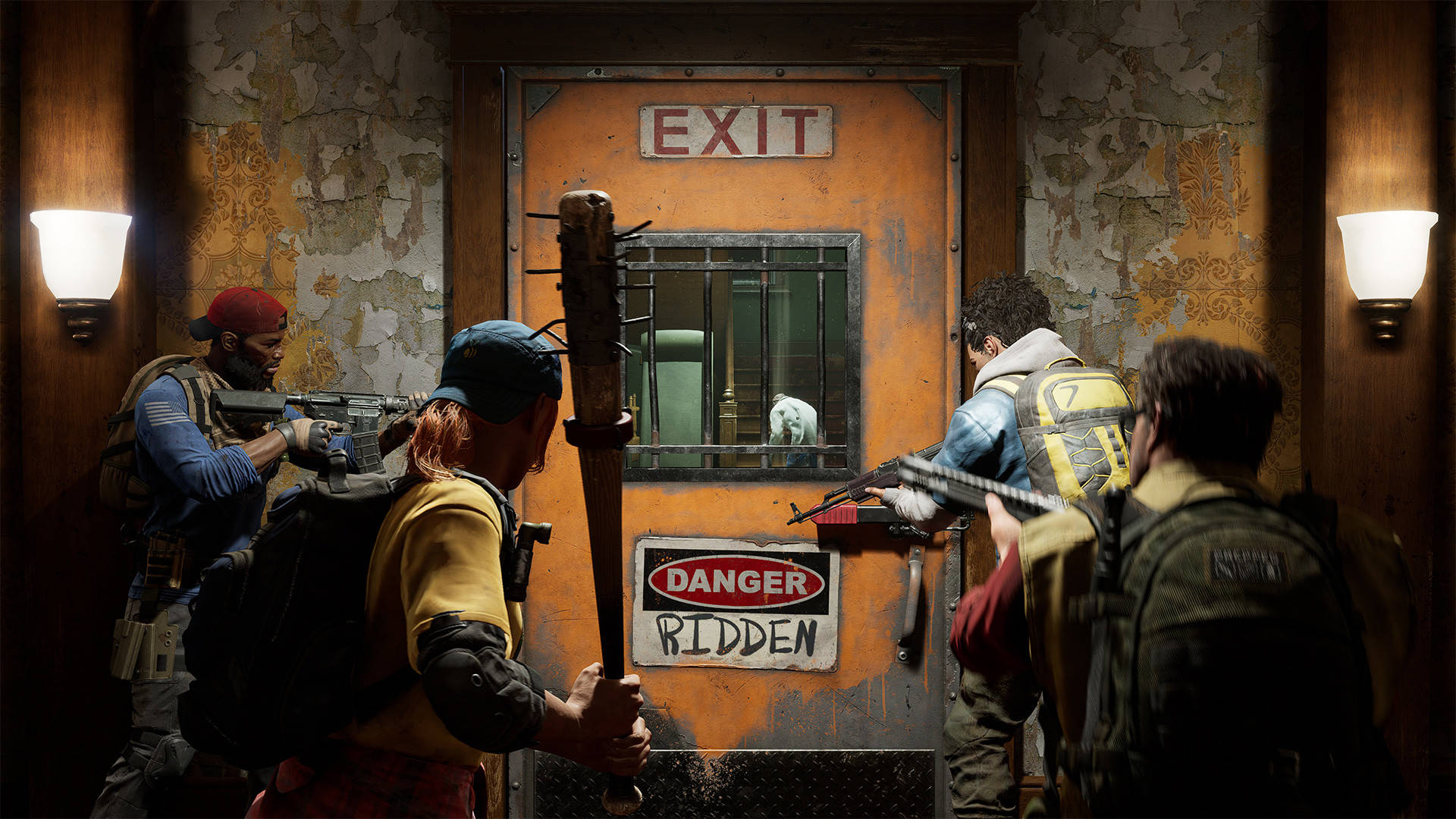 Back 4 Blood, white dog, barred exit door, Full HD Desktop Wallpaper