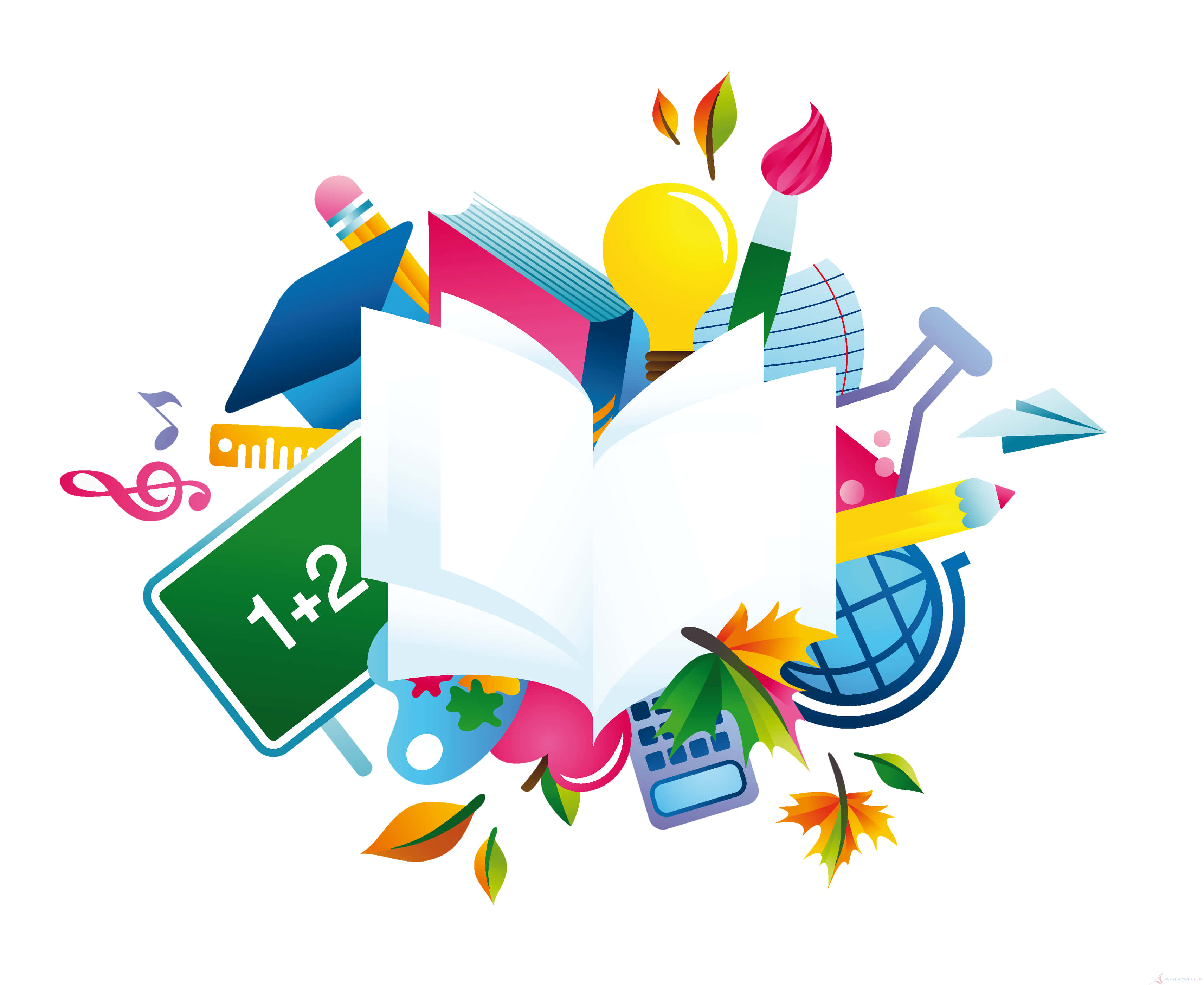 open book, colorful school supplies, global symbols, 2K Desktop Wallpaper