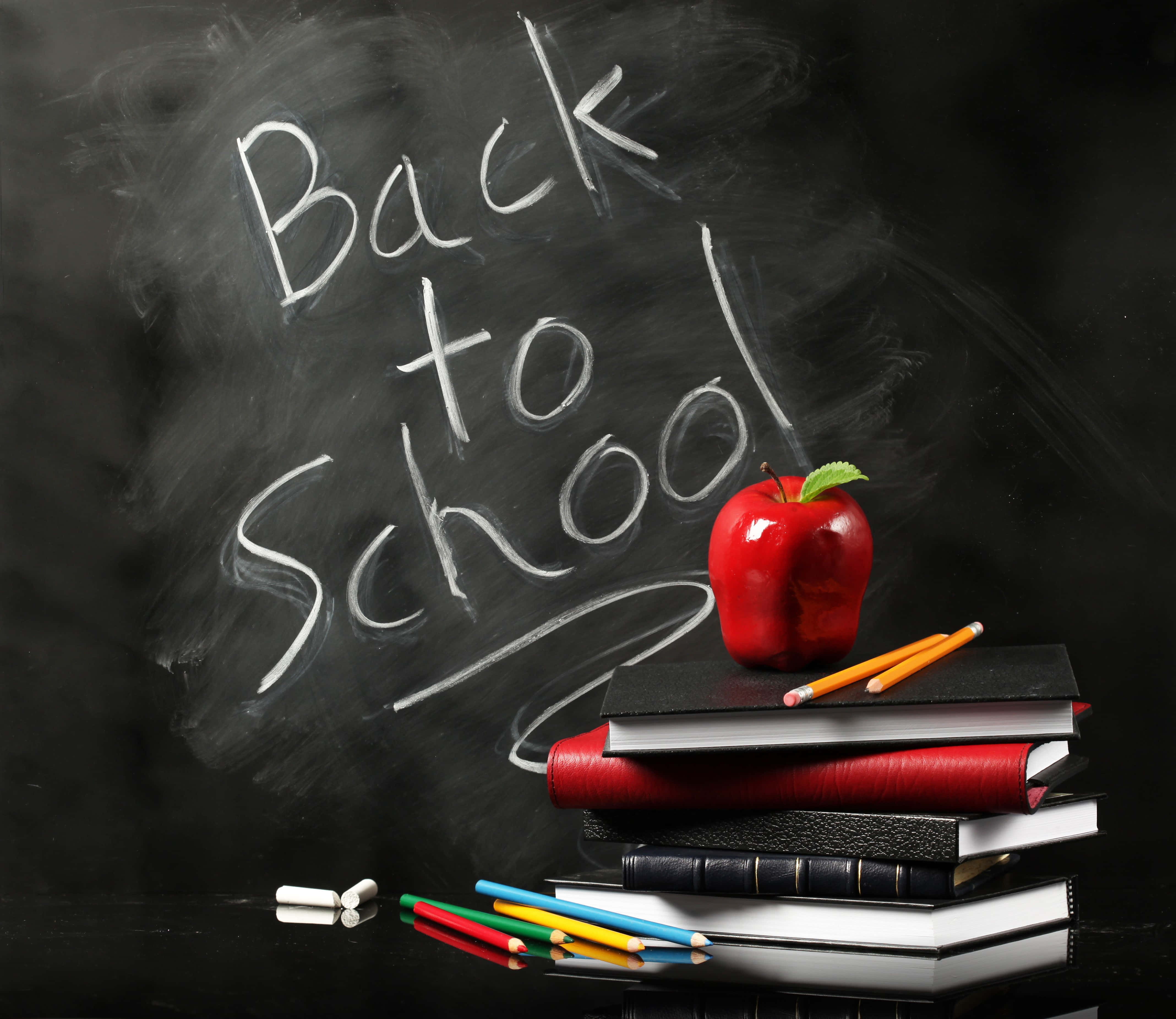 shiny red apple, stack of colorful books, chalk-drawn 'Back to School', 4K Desktop Wallpaper