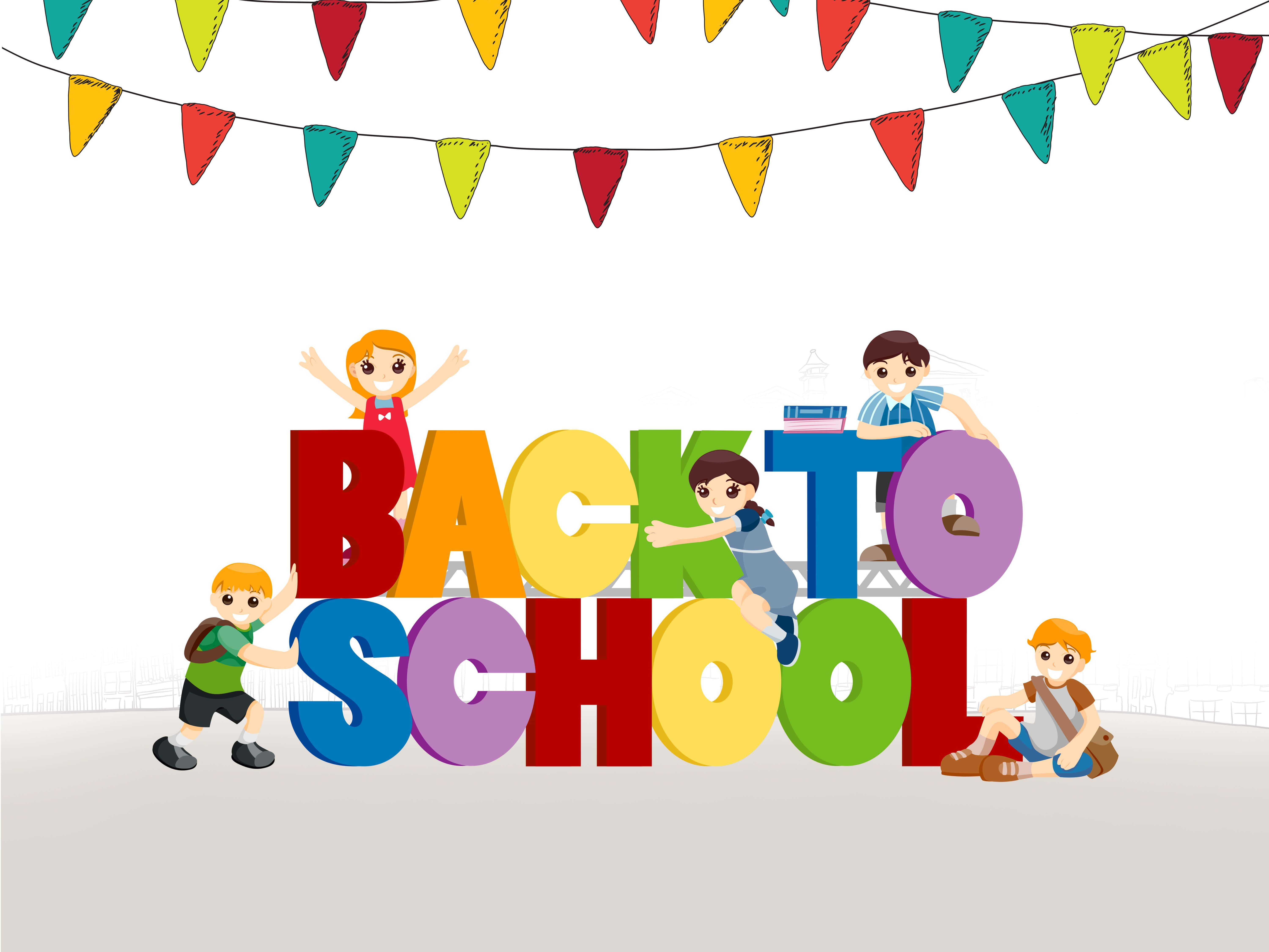 BACK TO SCHOOL, giant colorful letters, festive triangular flags, 5K Desktop Wallpaper