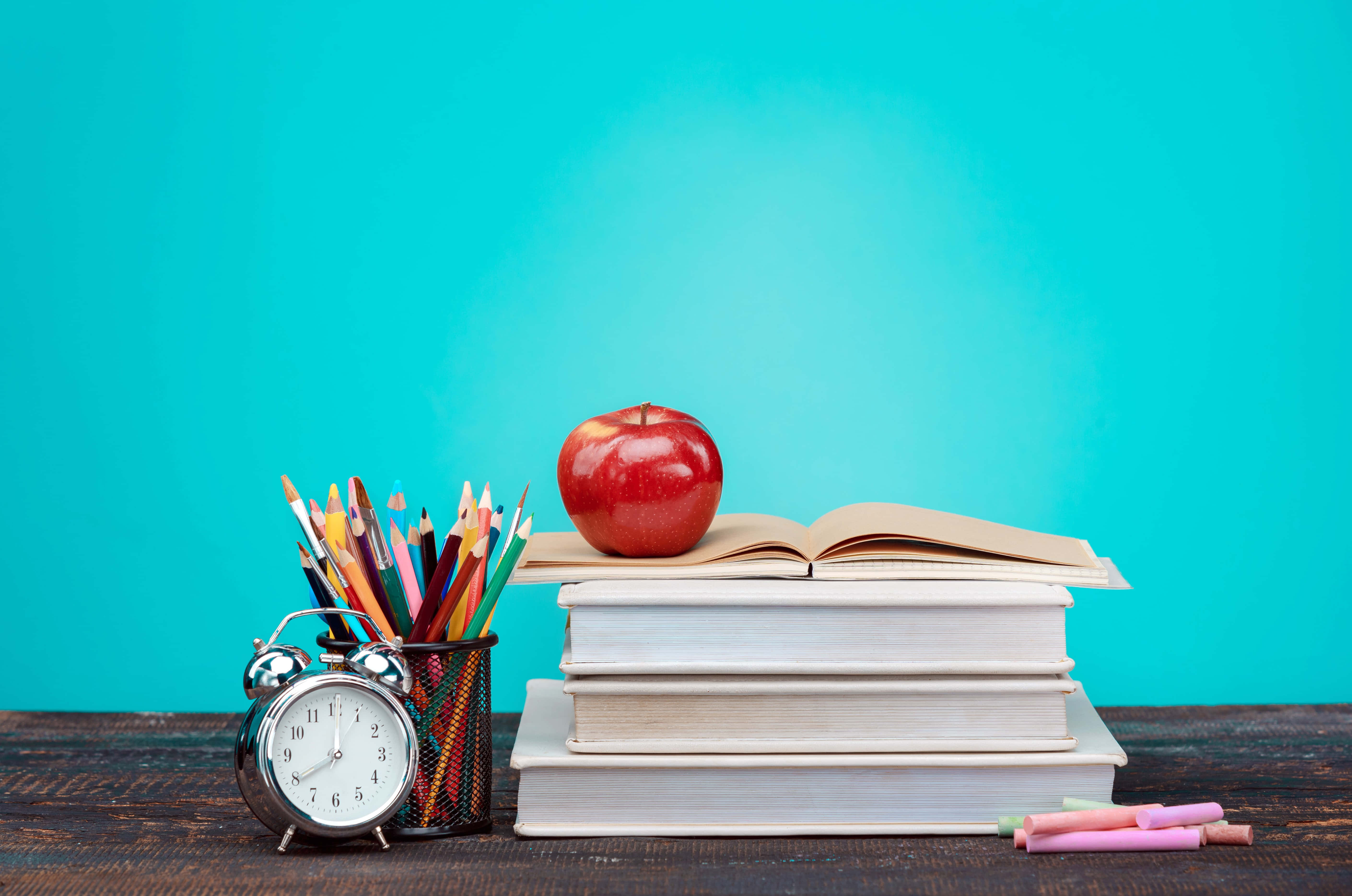red apple, open book, stack of white volumes, 5K Desktop Wallpaper