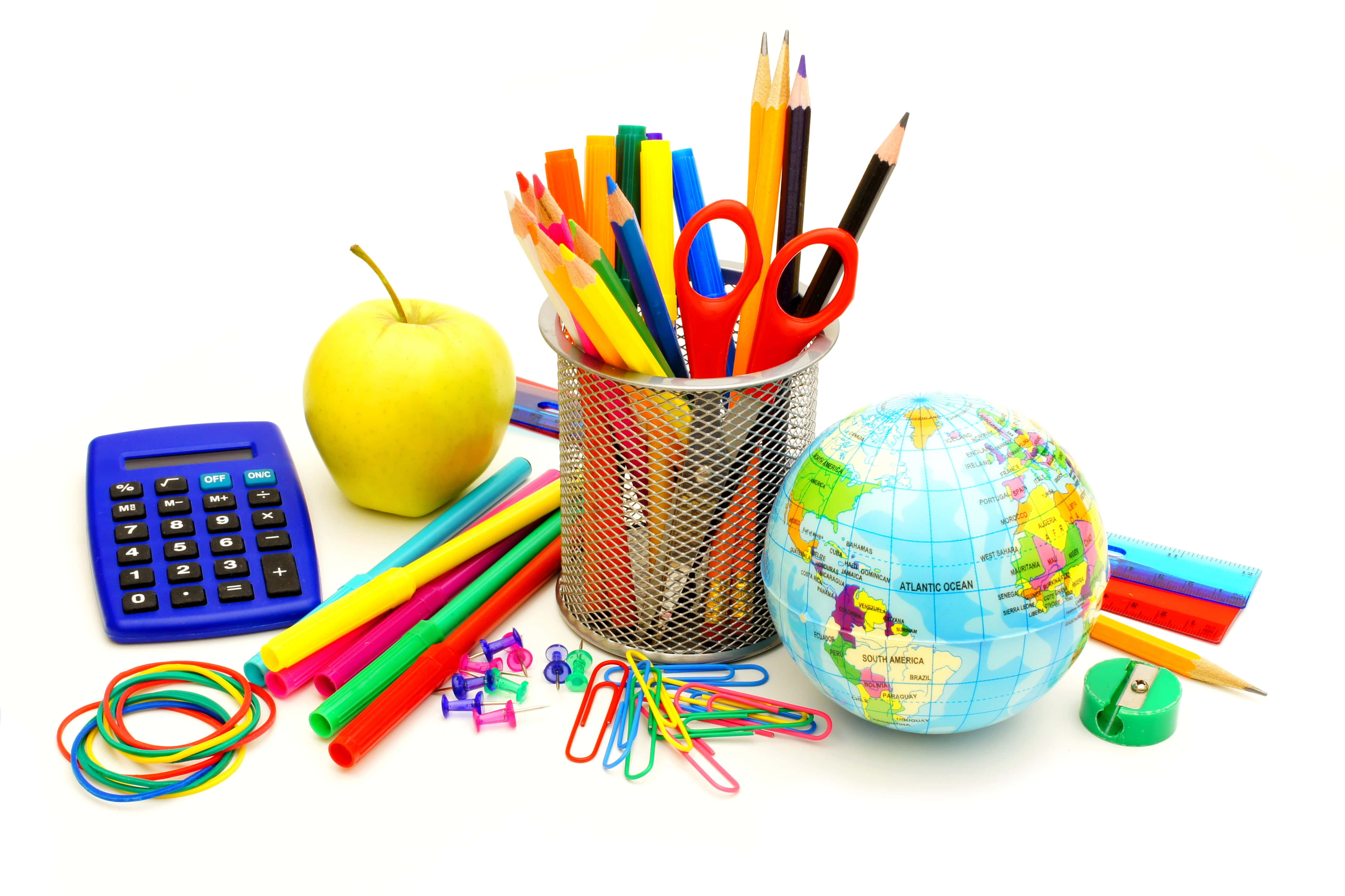 Back To School, globe calculator, apple, 4K Desktop Wallpaper