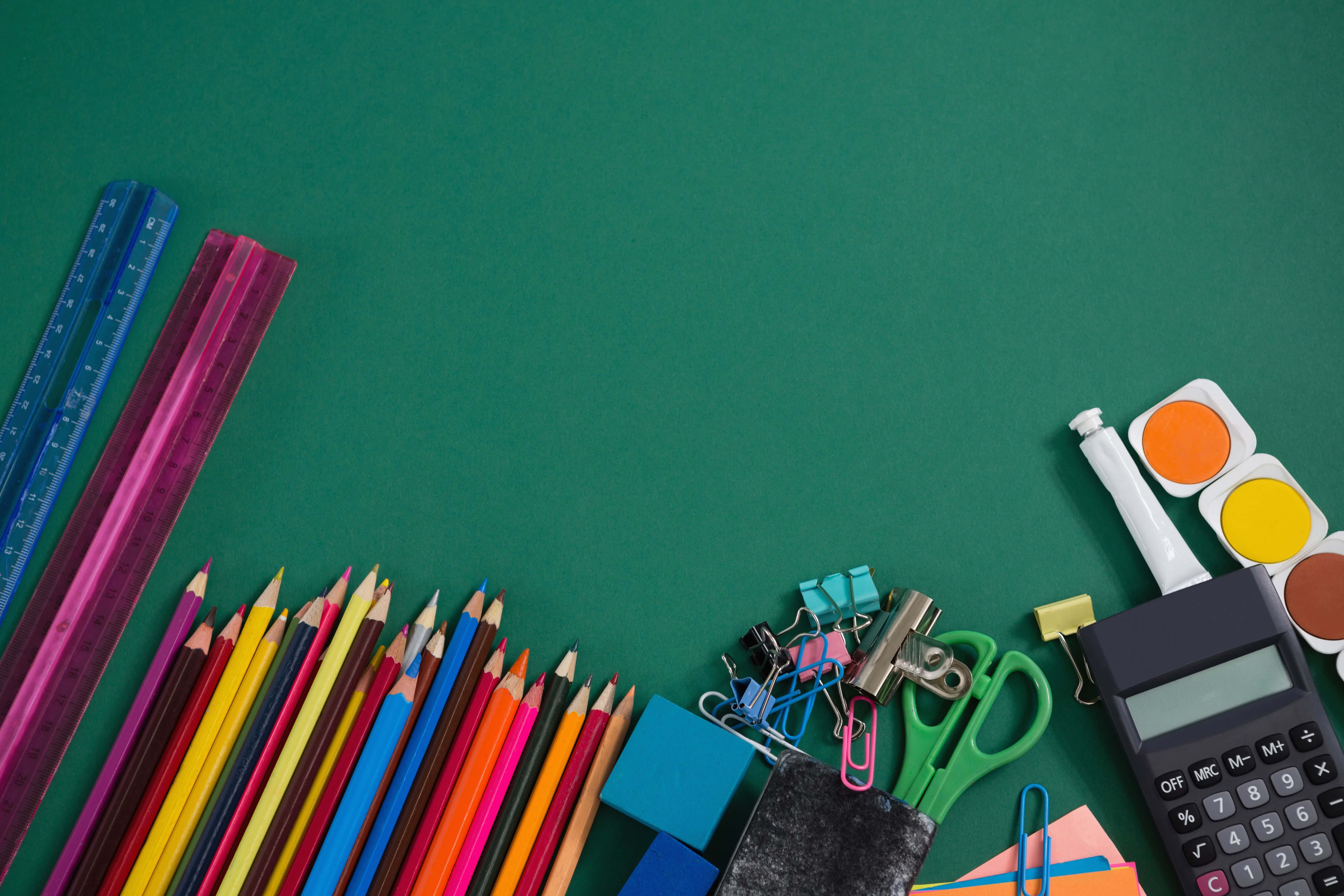 school supplies, colored pencils, rulers, 5K Desktop Wallpaper