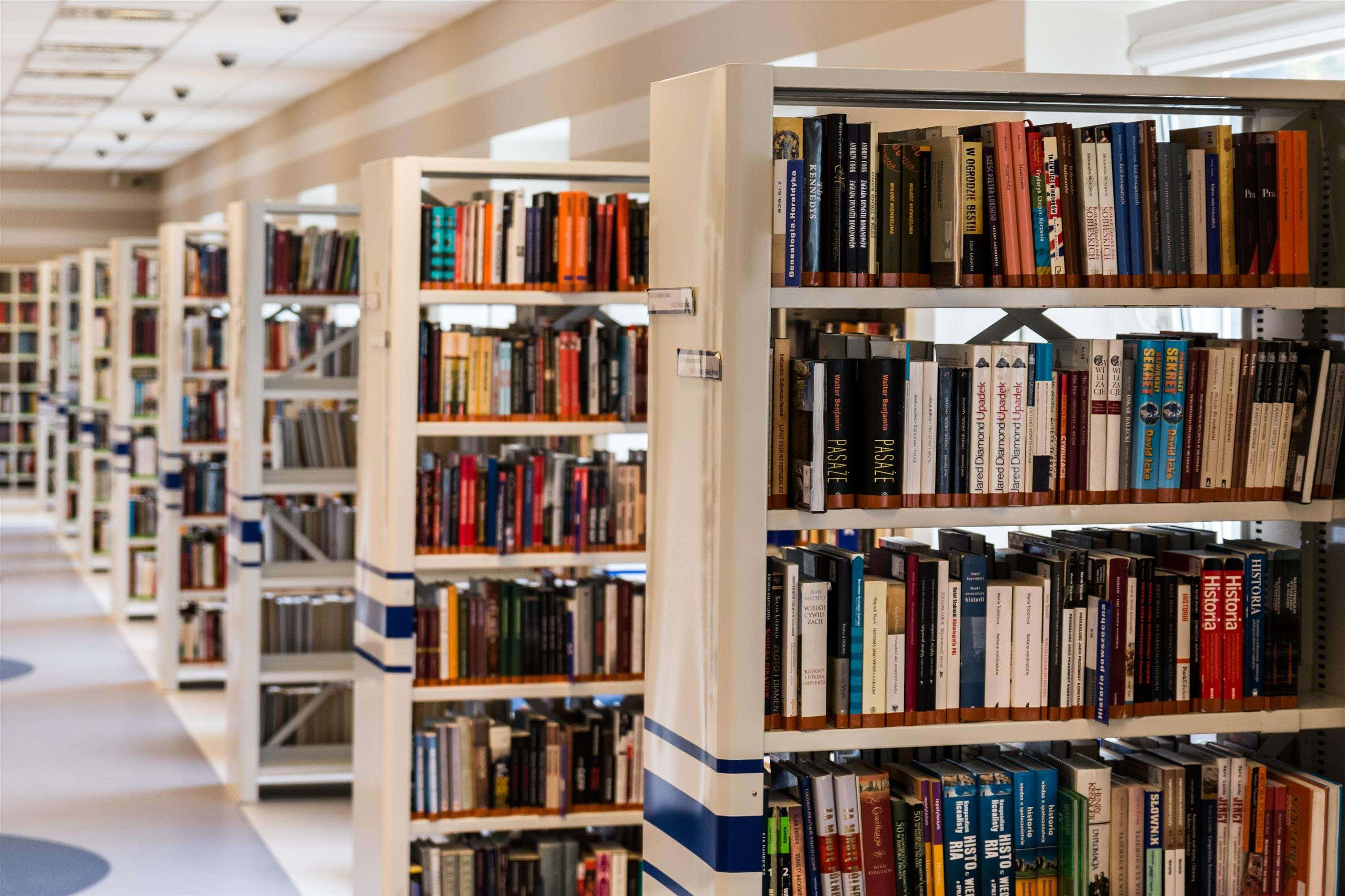 Back to School, white bookshelves, colorful books, 2K Desktop Wallpaper