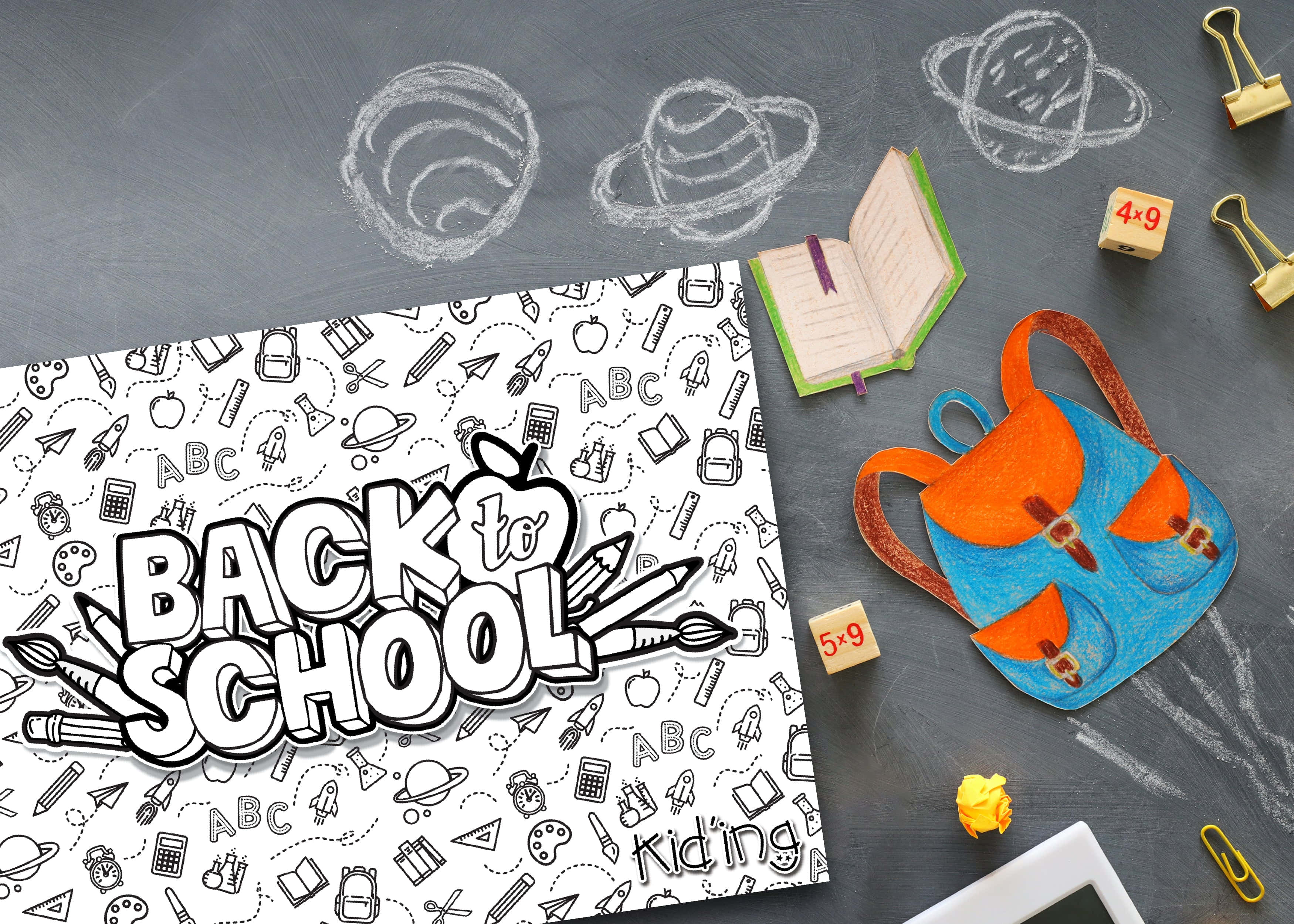 back to school, blue and orange backpack, chalk drawings, 2K Desktop Wallpaper
