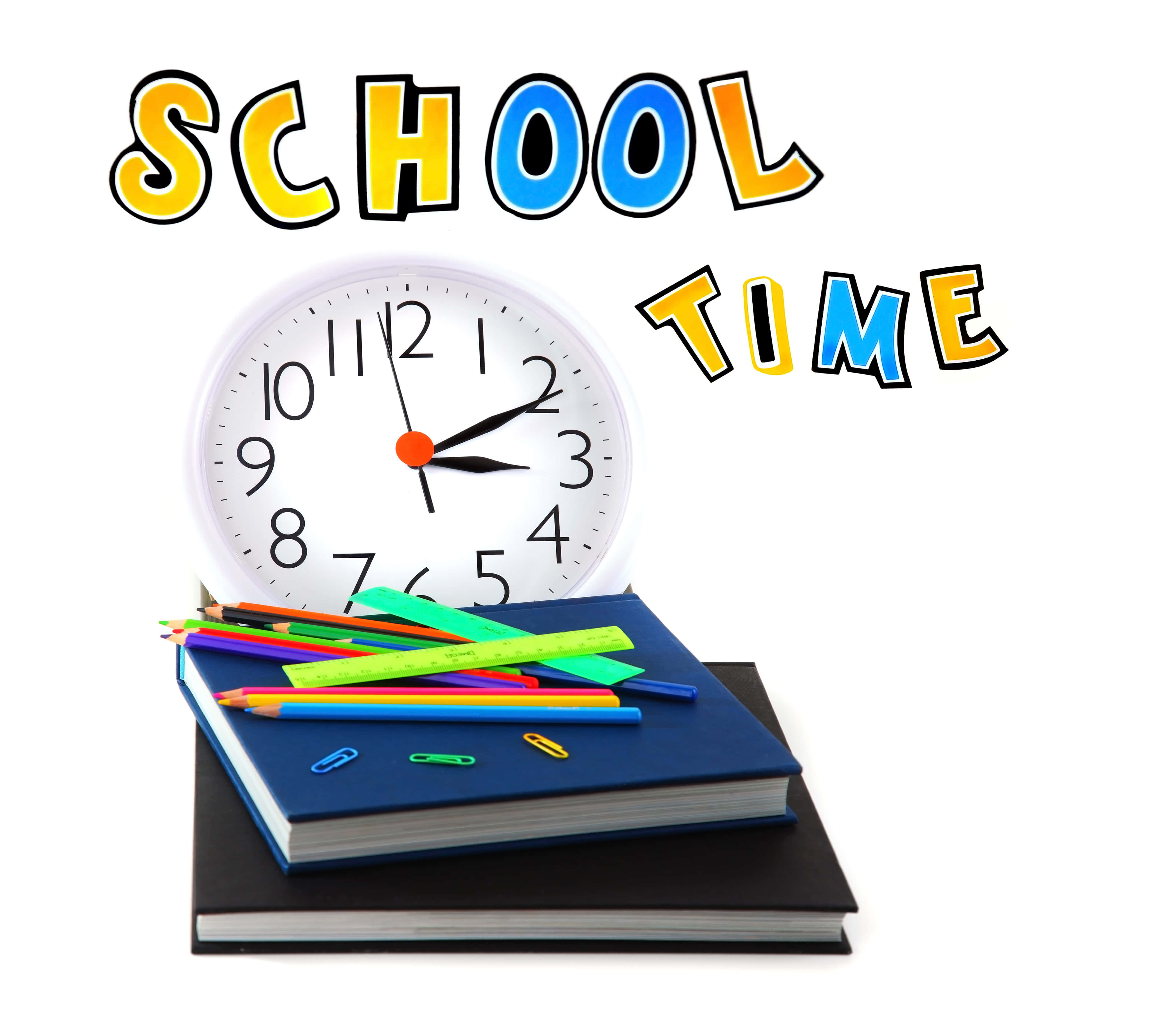 SCHOOL TIME, clock, stacked books, 4K Desktop Wallpaper