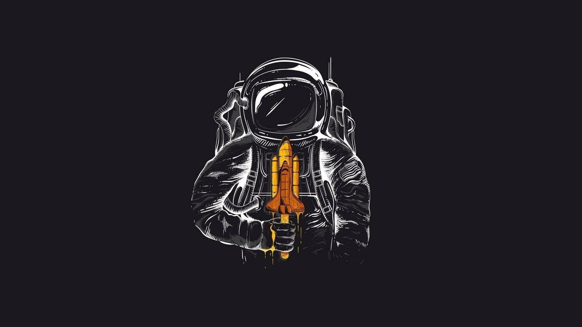 minimalist astronaut, glowing orange space shuttle, dark background, Full HD Desktop Wallpaper