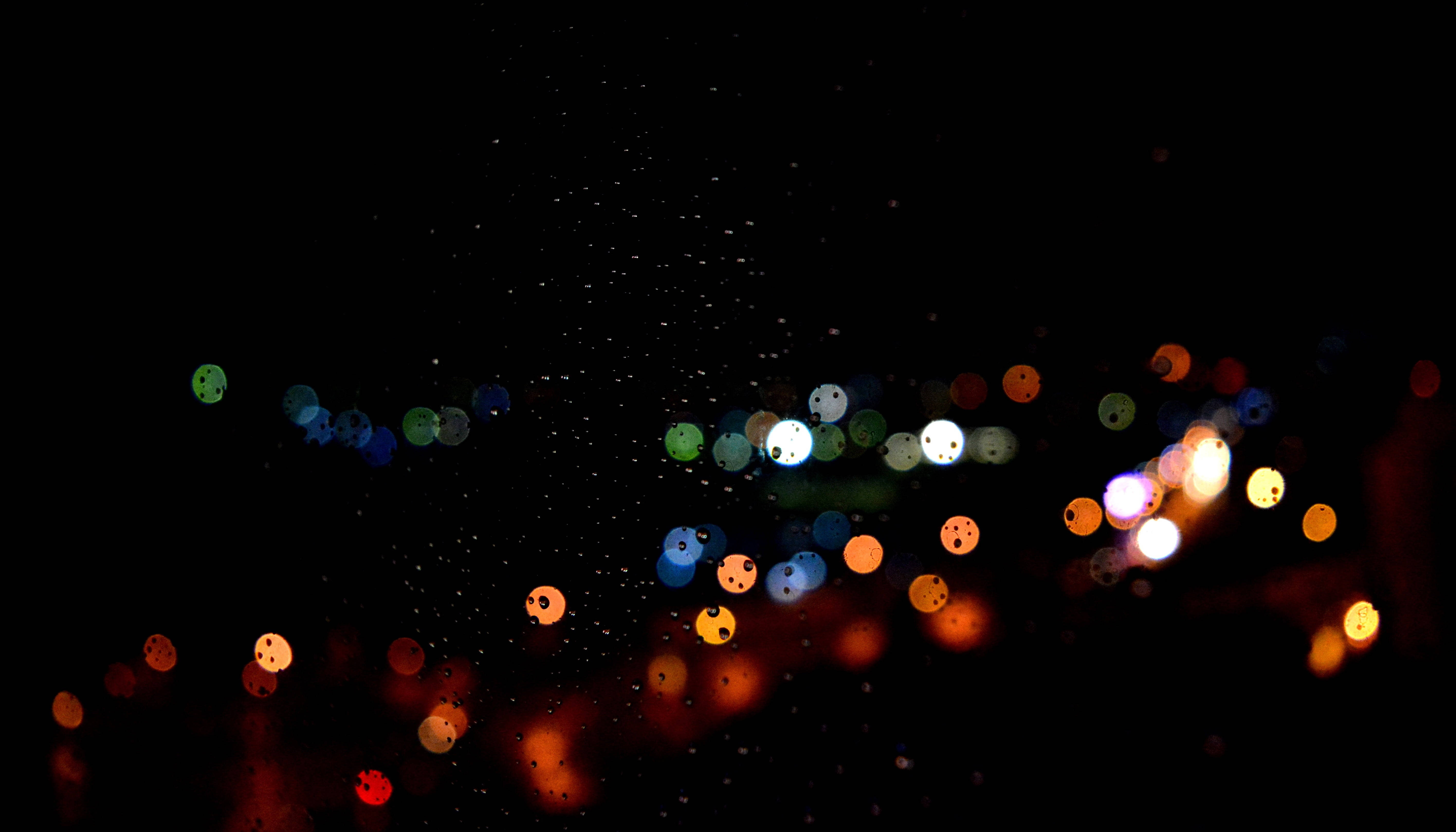 bokeh lights, dark night sky, raindrops, 5K Desktop Wallpaper