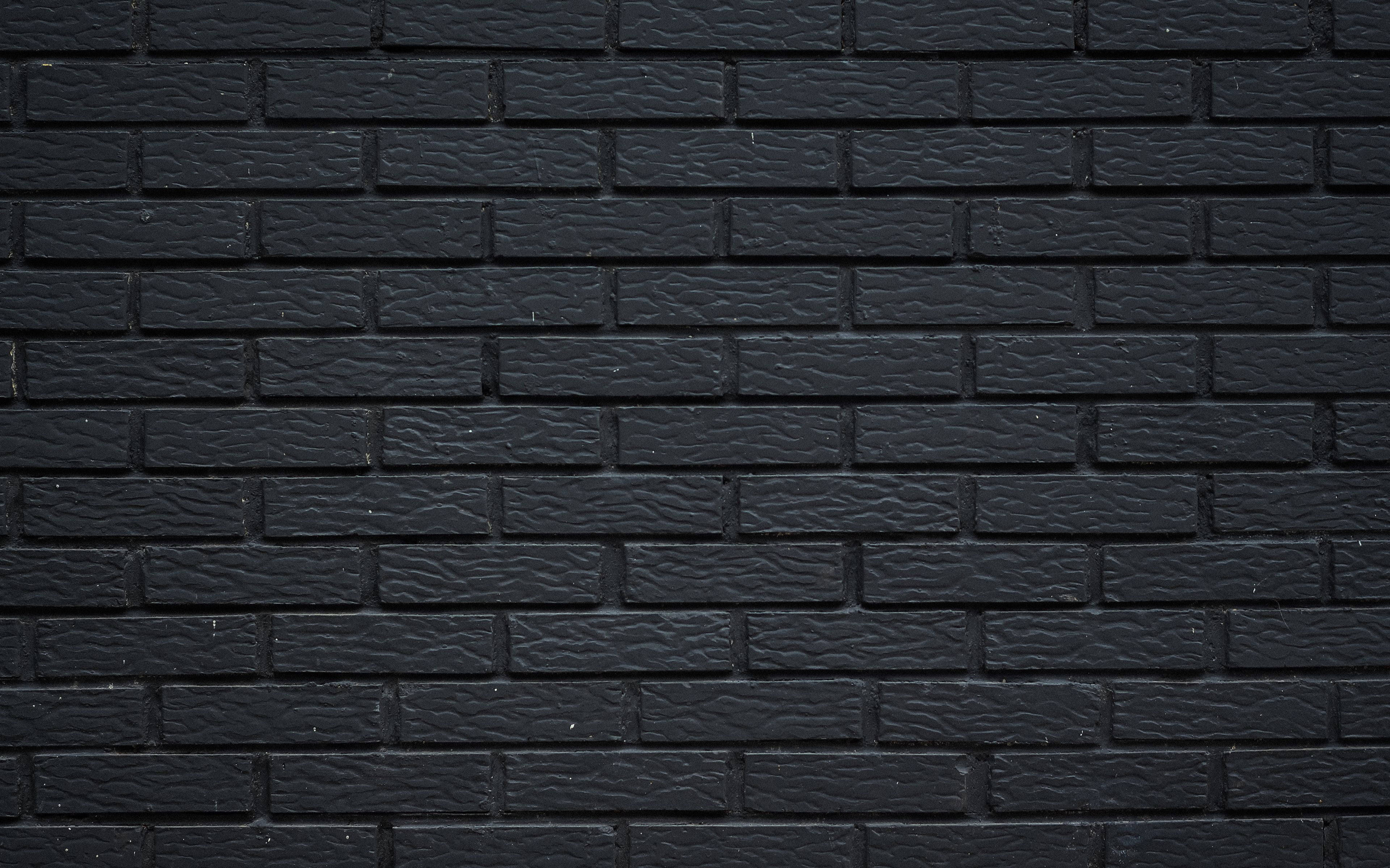 black concrete wall, textured black brick wall, gray mortar lines, 4K Desktop Wallpaper