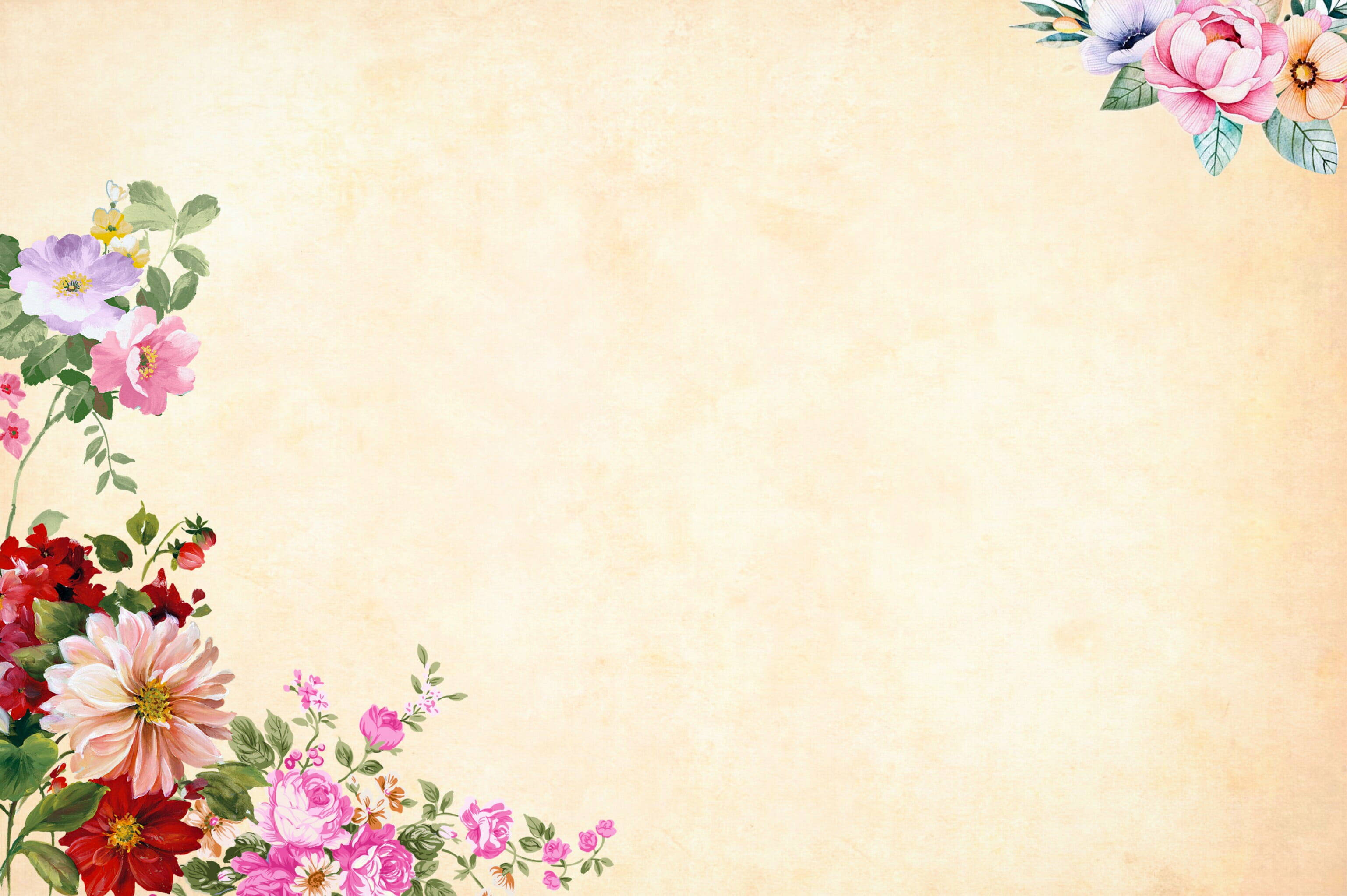 vintage watercolor floral corners, textured beige background, soft pink red and purple blooms, 2K Desktop Wallpaper