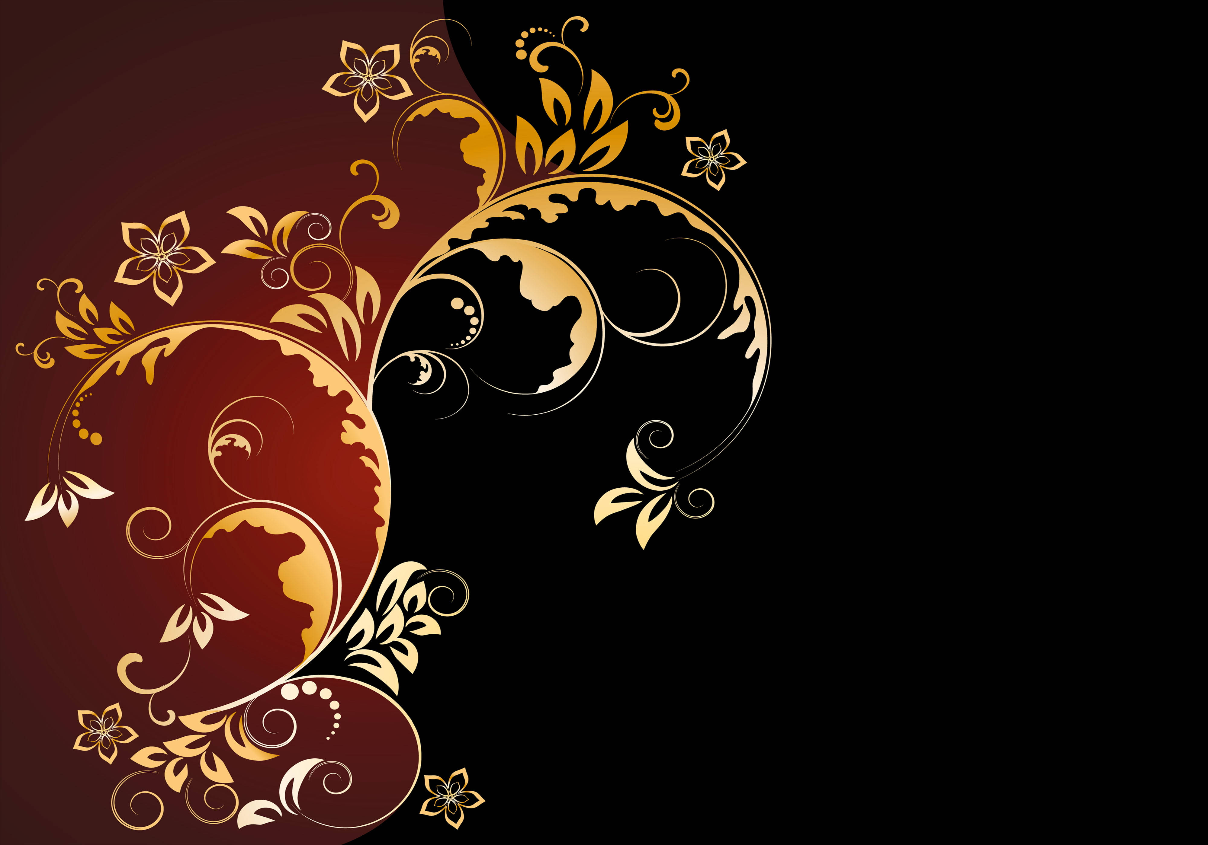 floral pattern, golden floral swirls, leaves, 4K Desktop Wallpaper