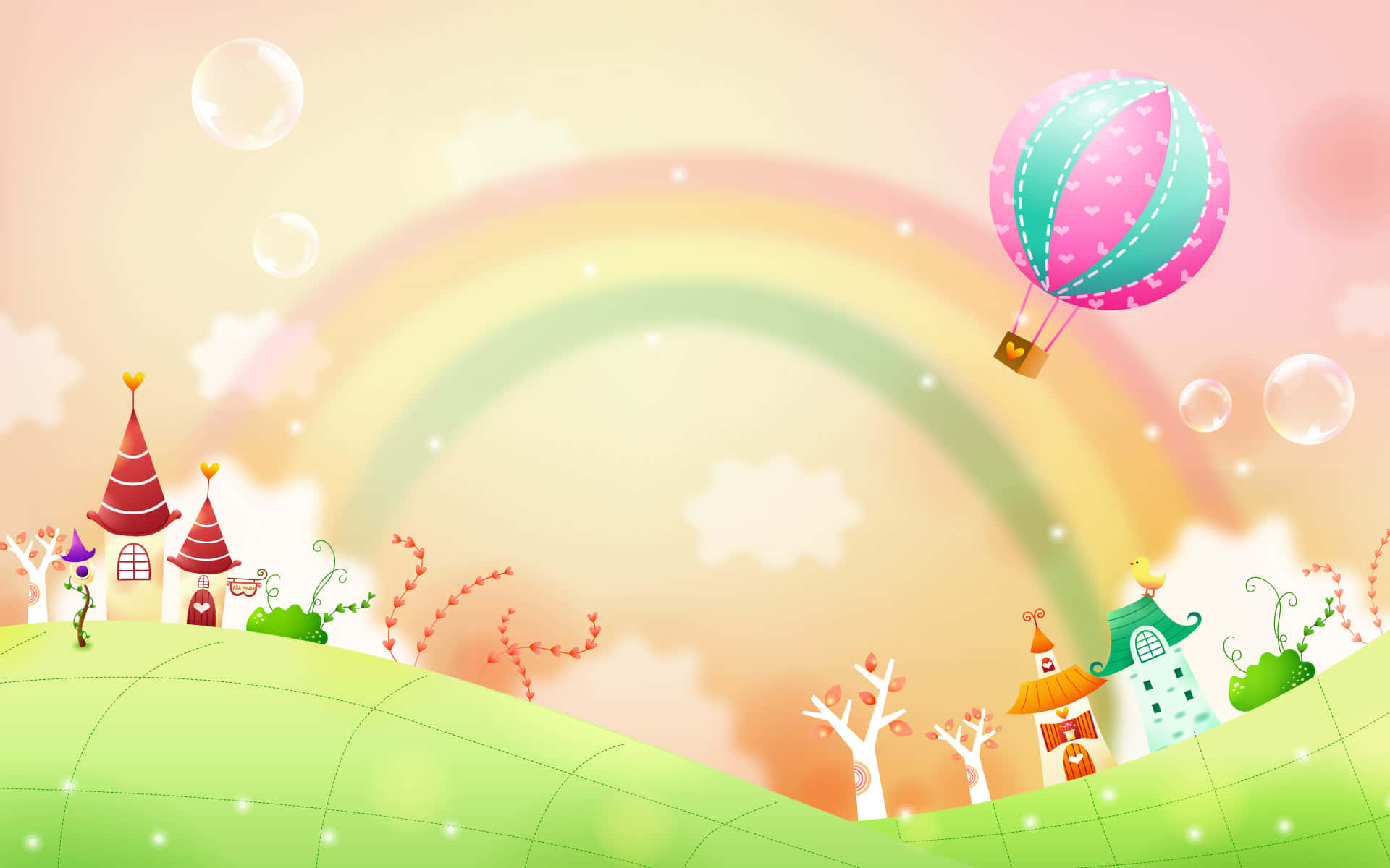 Mountains, Rainbow, Candy-like houses, Full HD Desktop Wallpaper