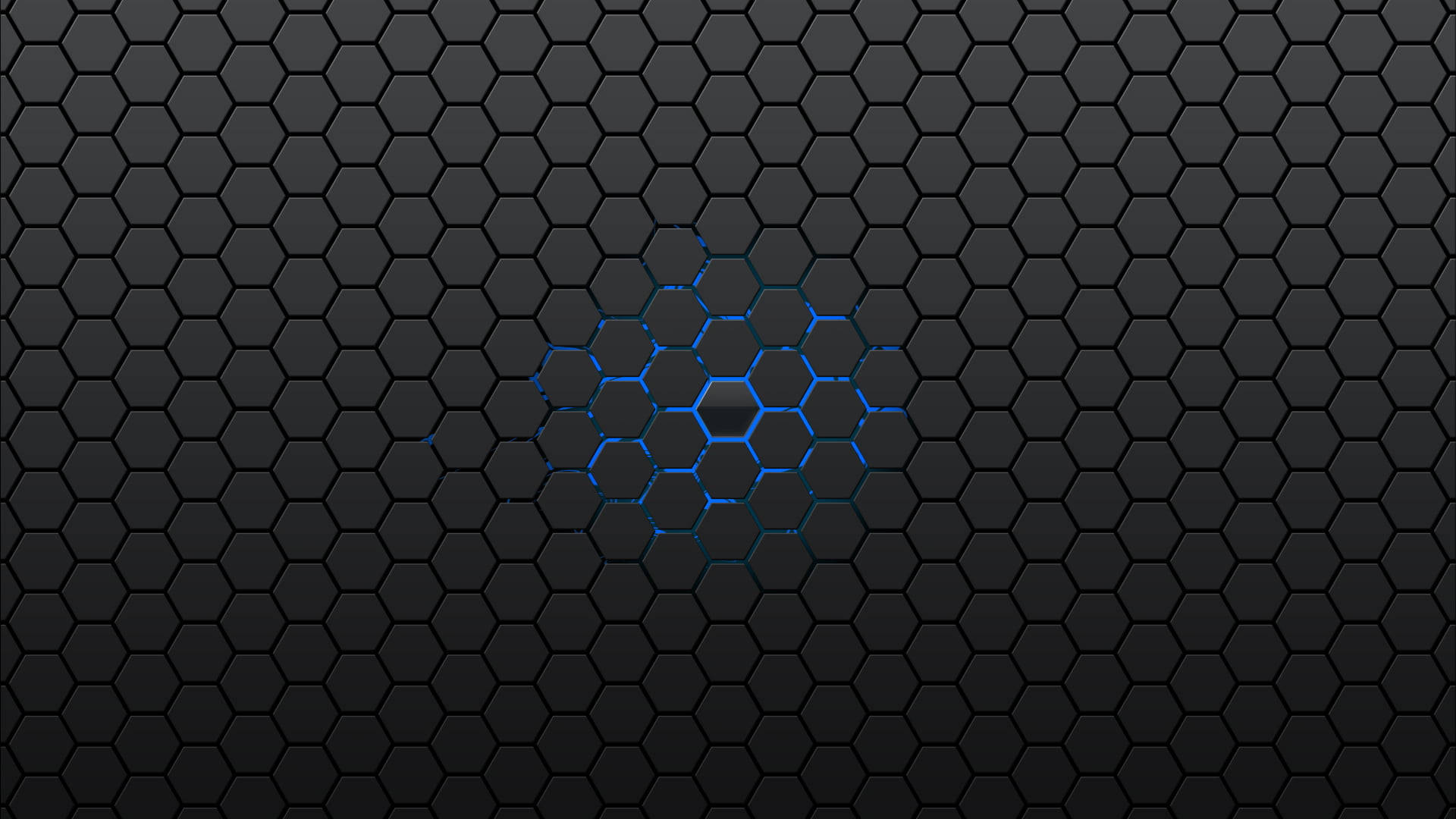 black and blue honeycomb backgrounds, dark hexagonal grid pattern, glowing blue hexagonal cluster, Full HD Desktop Wallpaper