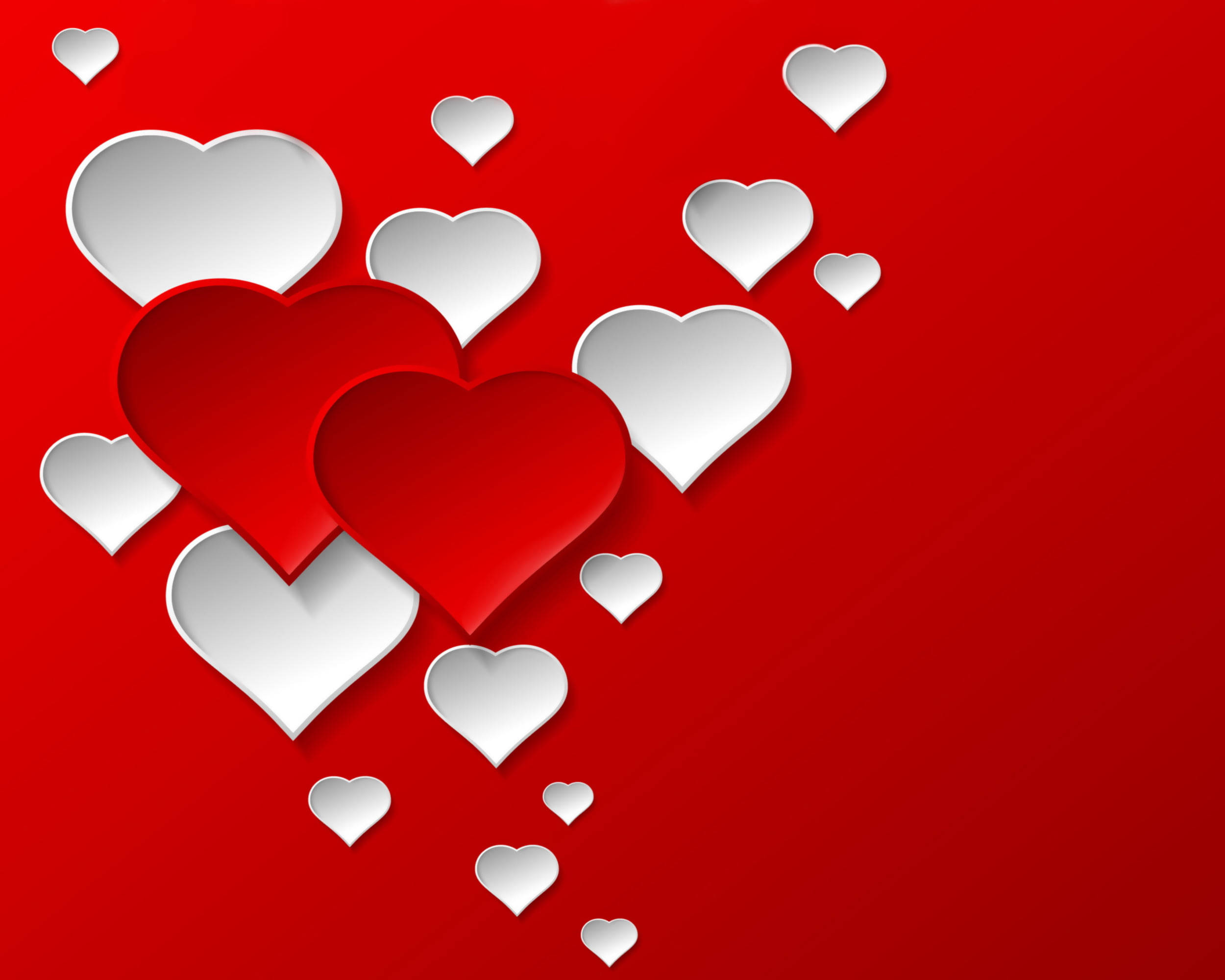 red and white, paper hearts, vibrant red background, Full HD Desktop Wallpaper
