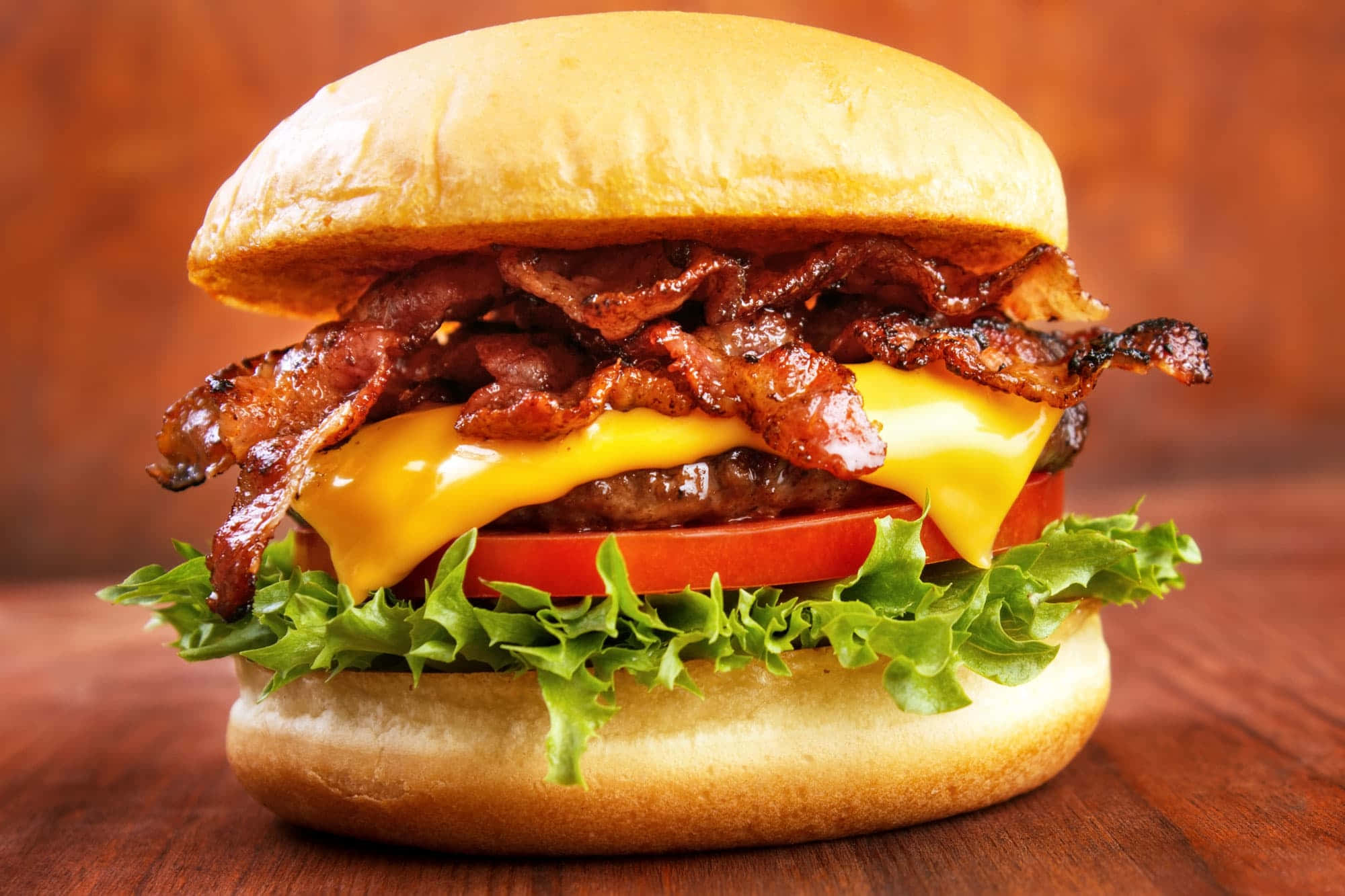 Bacon Cheeseburger Deluxe, wooden surface, melted cheese, Full HD Desktop Wallpaper