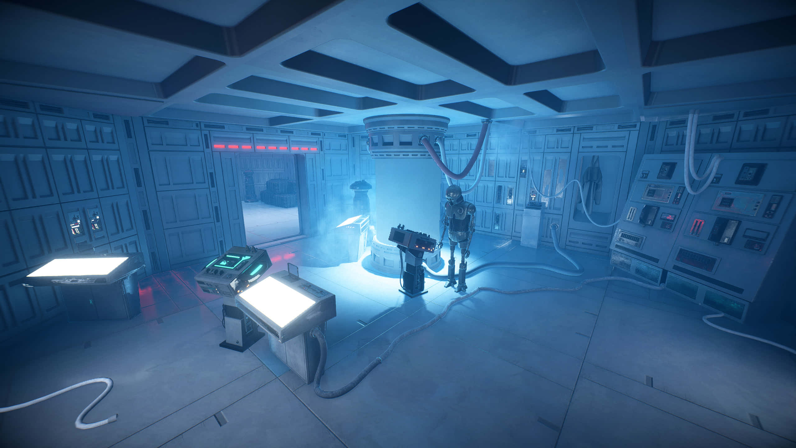 Bacta Tank, futuristic blue-lit lab, glowing panels, 2K Desktop Wallpaper