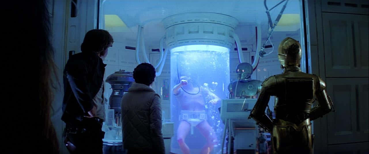 Bacta Tank, glowing blue cylindrical pod, futuristic medical chamber, HD Desktop Wallpaper