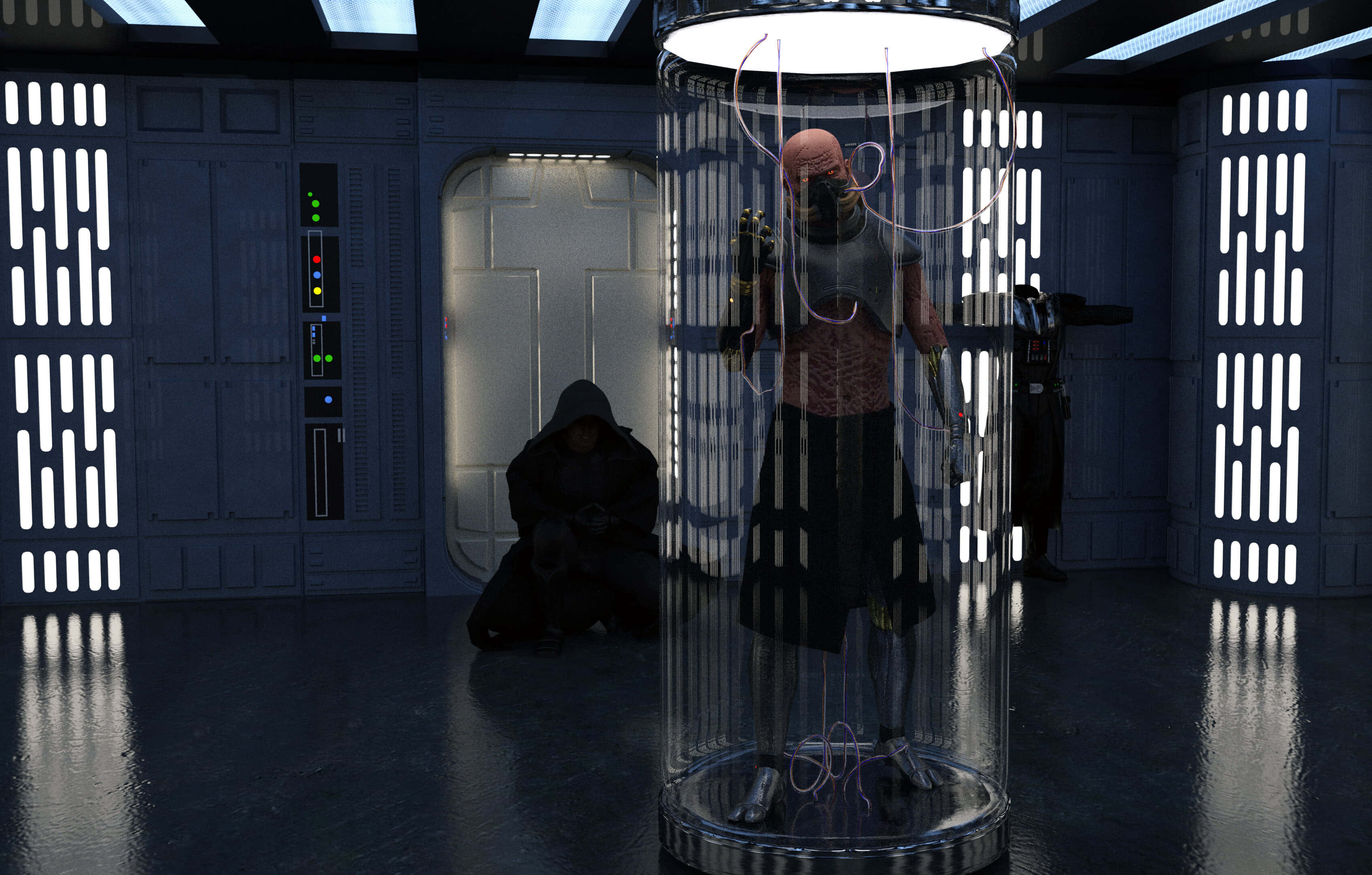 Bacta Tank, glass cylinder, futuristic lab, 2K Desktop Wallpaper