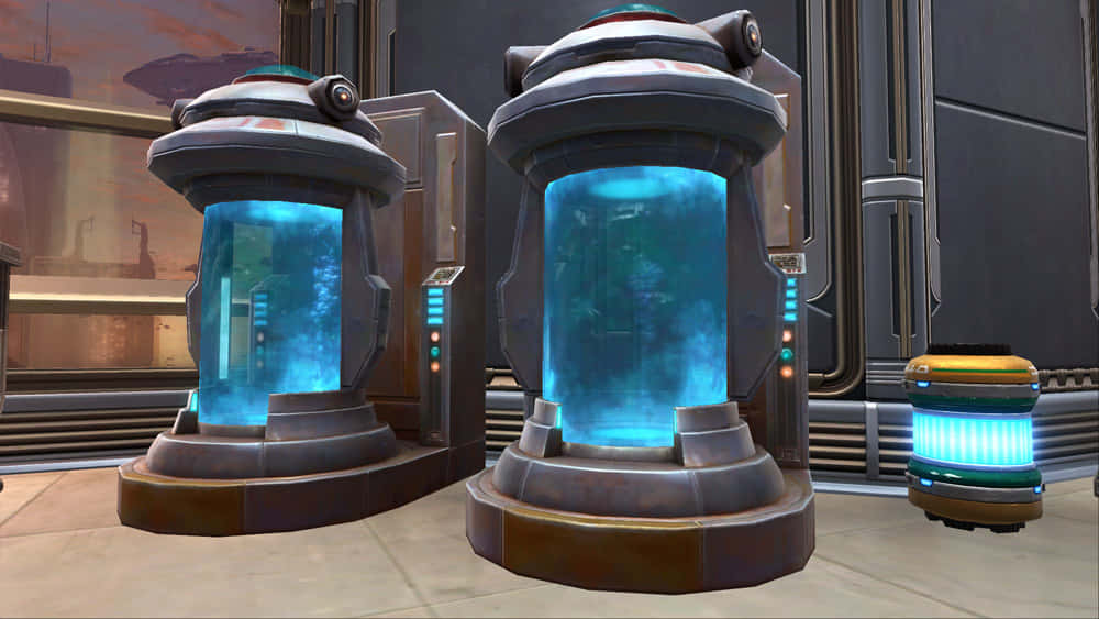 Bacta Tank, glowing blue, cylindrical pods, SD Desktop Wallpaper