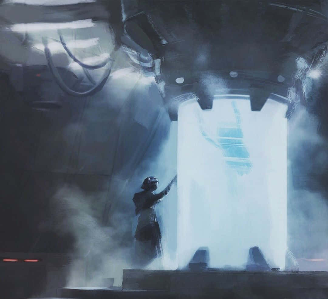 Bacta Tank, glowing blue energy portal, smoky futuristic chamber, SD Desktop Wallpaper