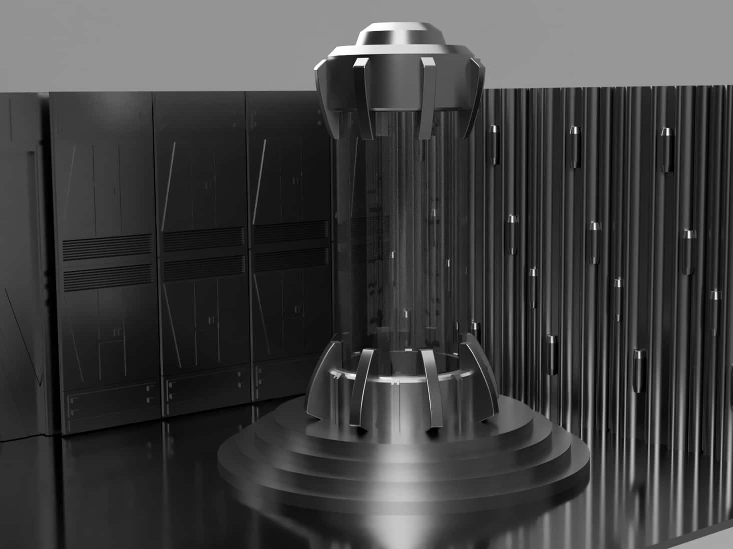 Bacta Tank, sleek futuristic metallic sculpture, tiered pedestal, HD Desktop Wallpaper