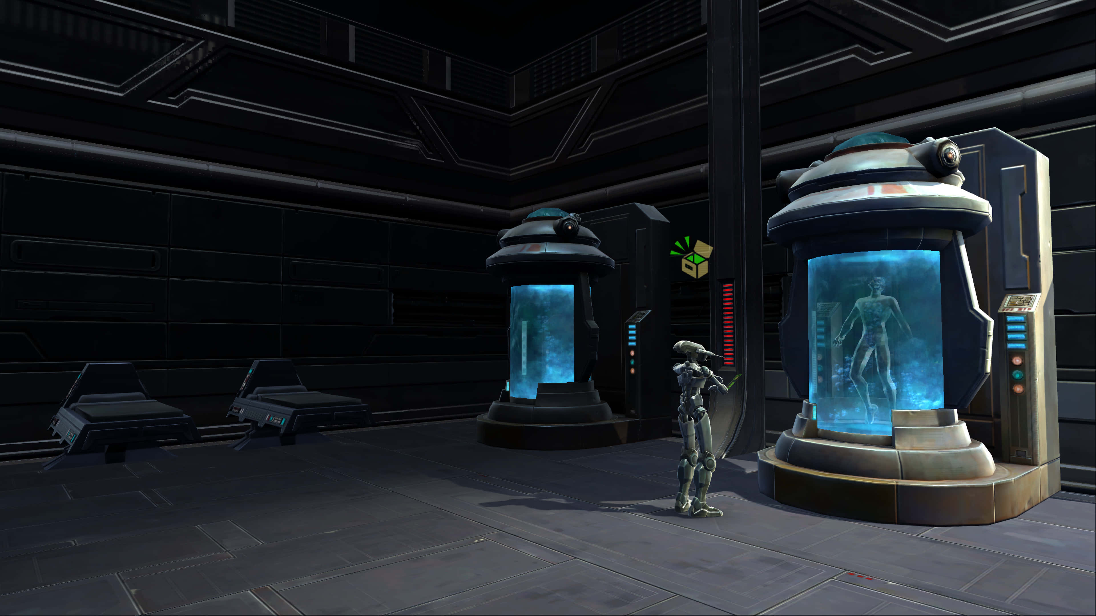 Bacta Tank, glowing blue cryo pod, dark sci-fi lab, 4K Desktop Wallpaper