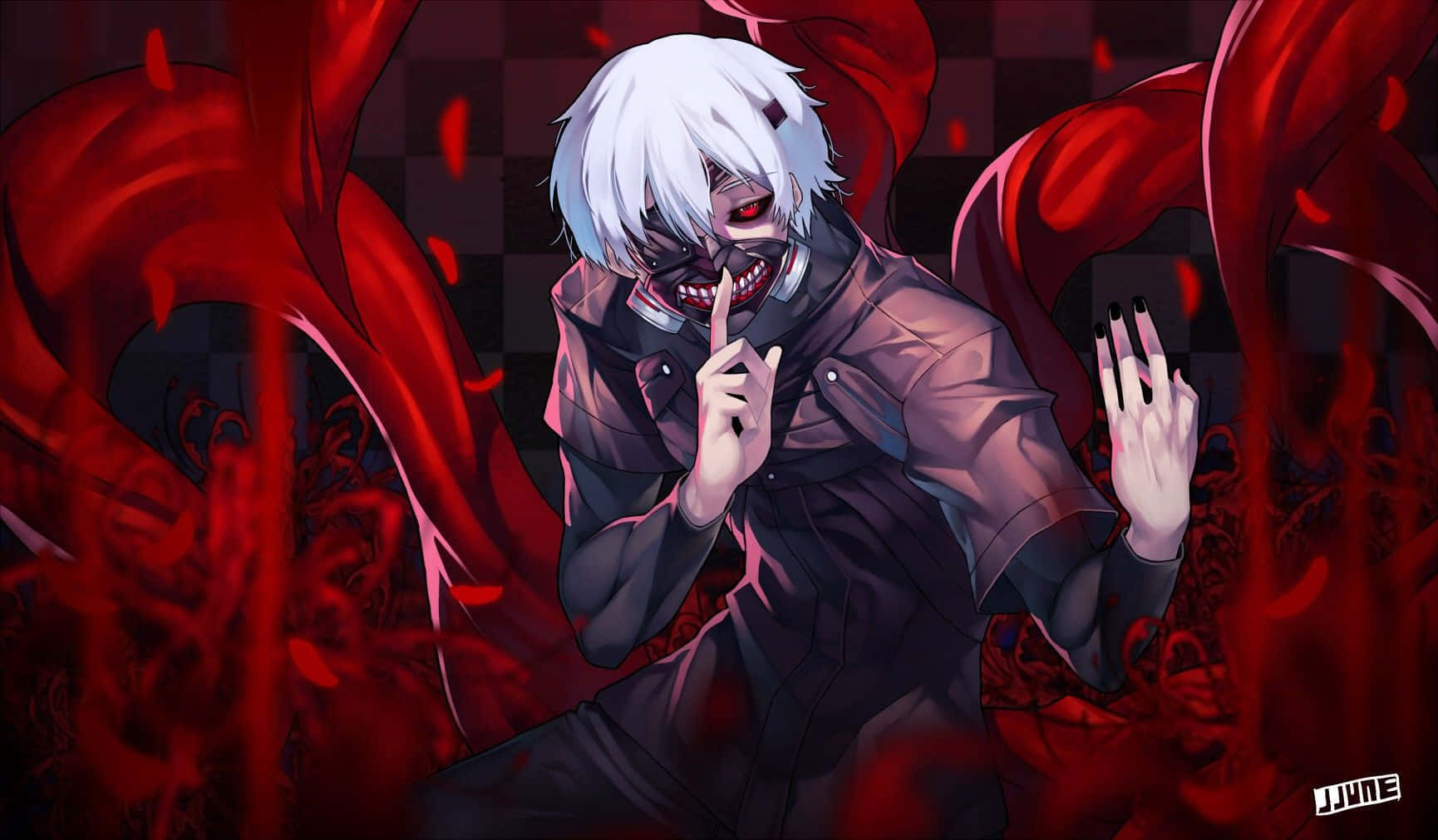 white-haired anime character, sinister grin, red eyes, HD Desktop Wallpaper