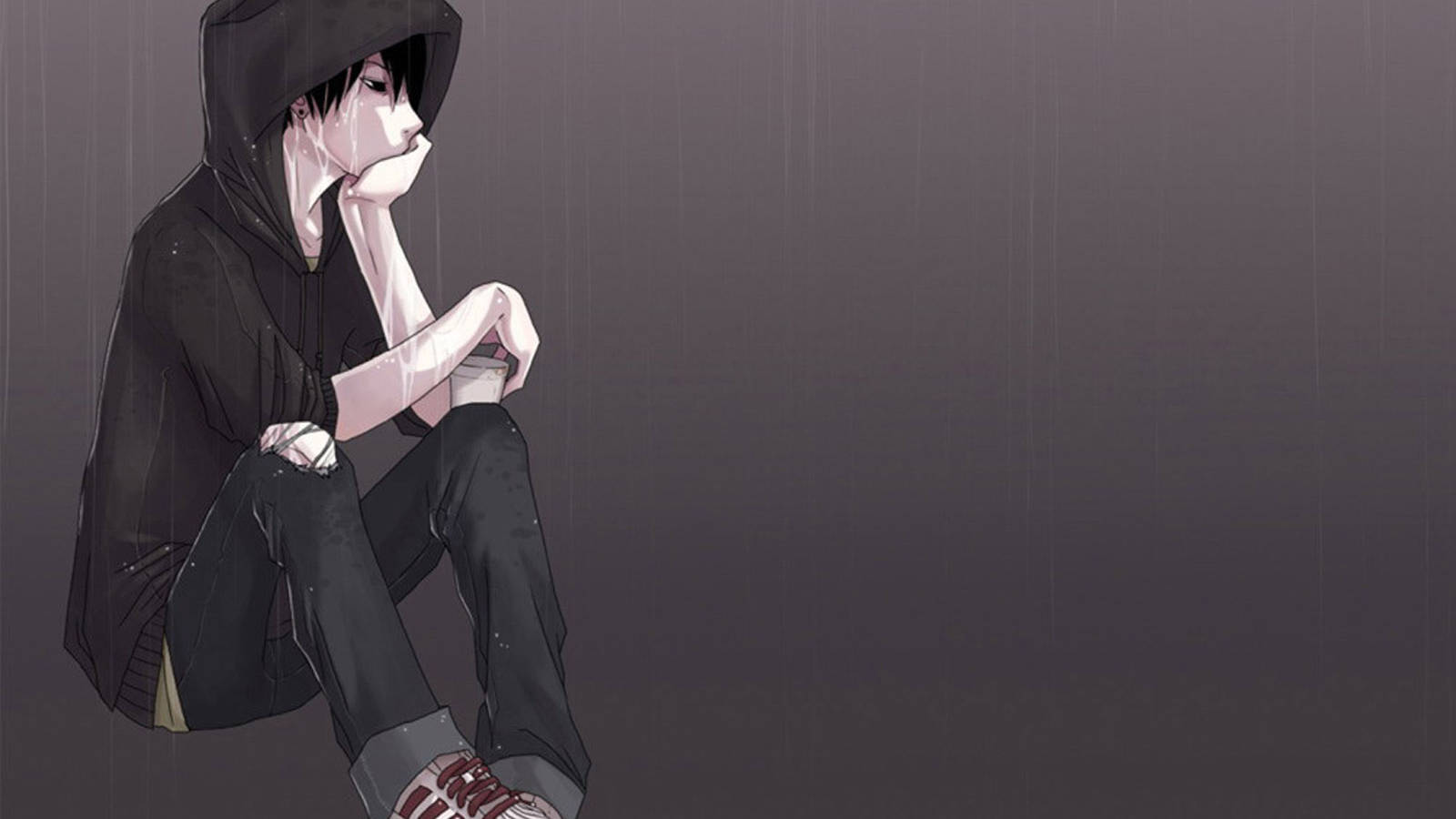 Sad Boy Anime, black hoodie, gray rain, HD Desktop Wallpaper