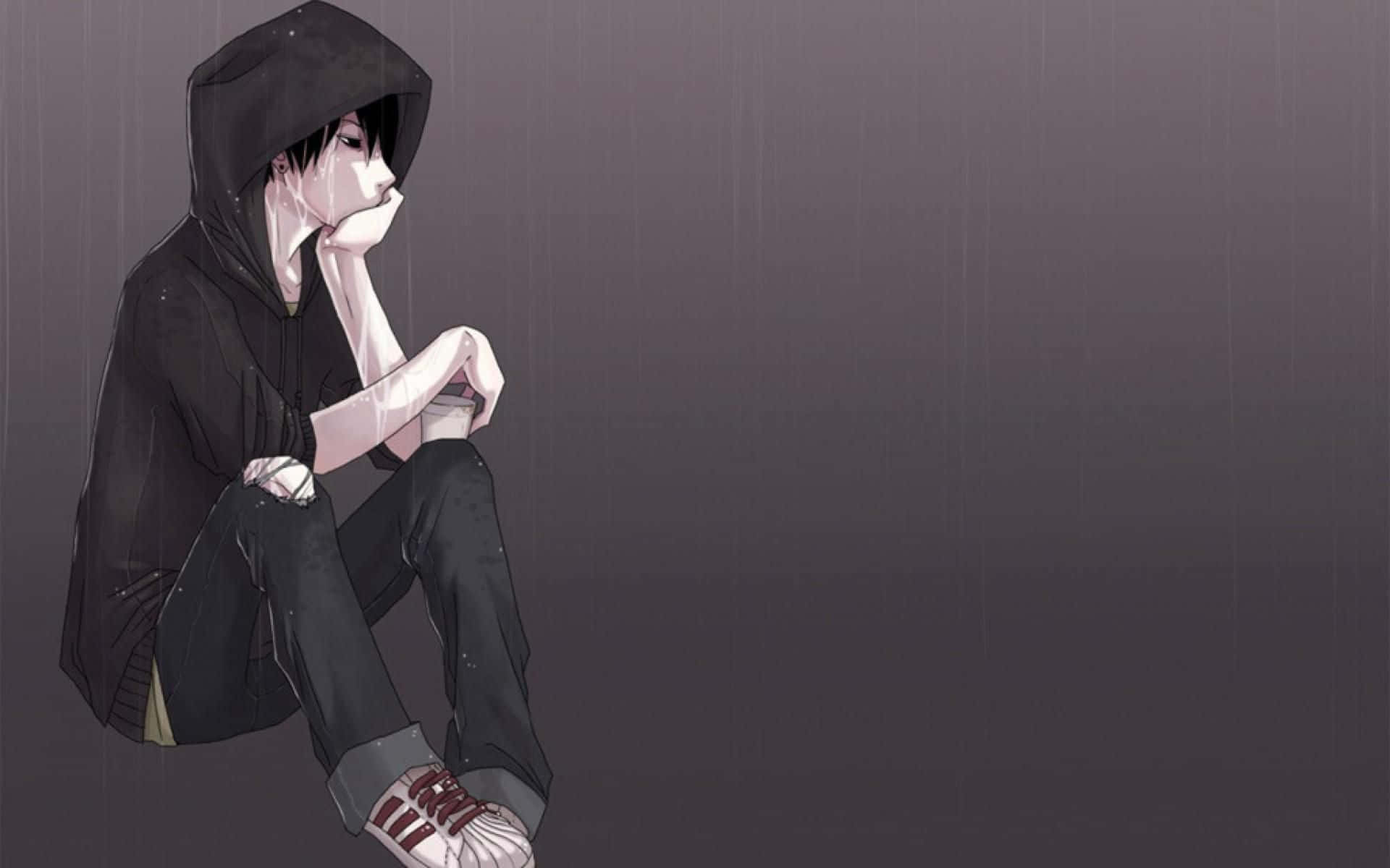 black anime boy, anime teen, black hoodie, Full HD Desktop Wallpaper