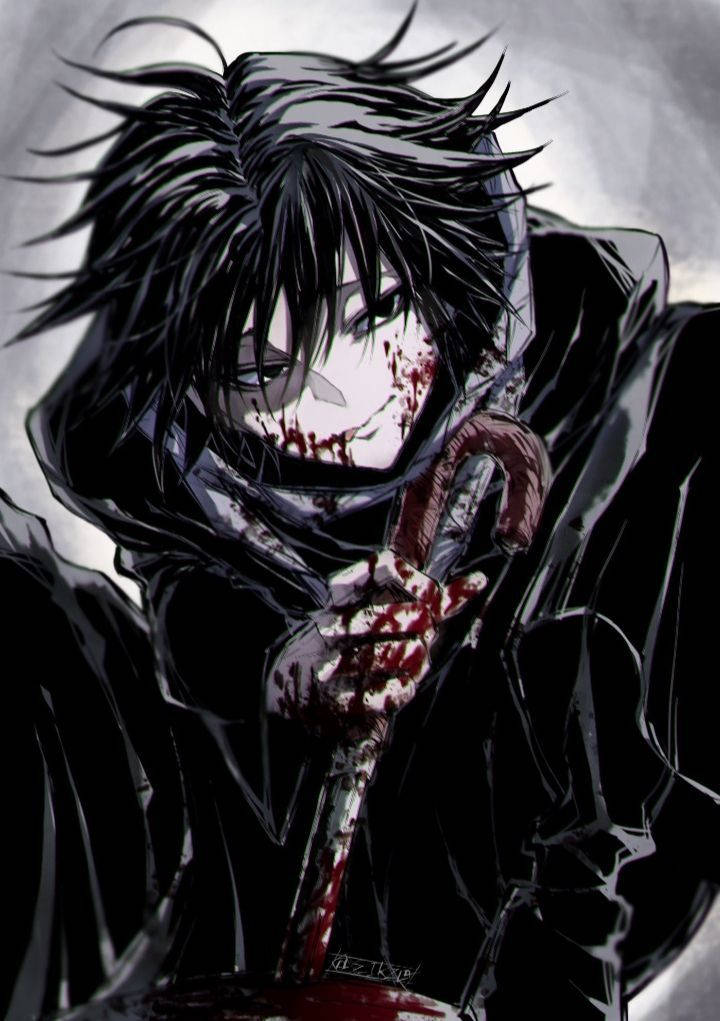 Bloody Boy Edgy Anime Pfp, dark-haired anime character, black coat, SD Phone Wallpaper