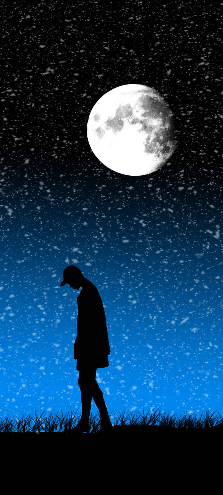 Sad Boy Anime, blue and black, full moon, HD Phone Wallpaper