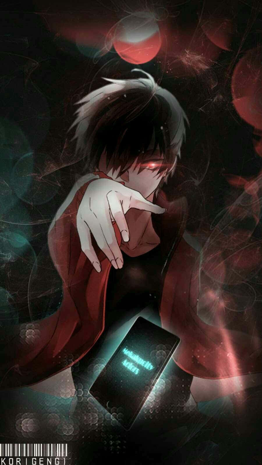 bad boy anime, glowing red eyes, phone displaying 'infinite love', HD Phone Wallpaper
