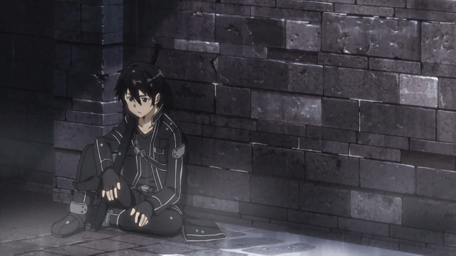 anime boy, dark gear, gritty stone wall, Full HD Desktop Wallpaper