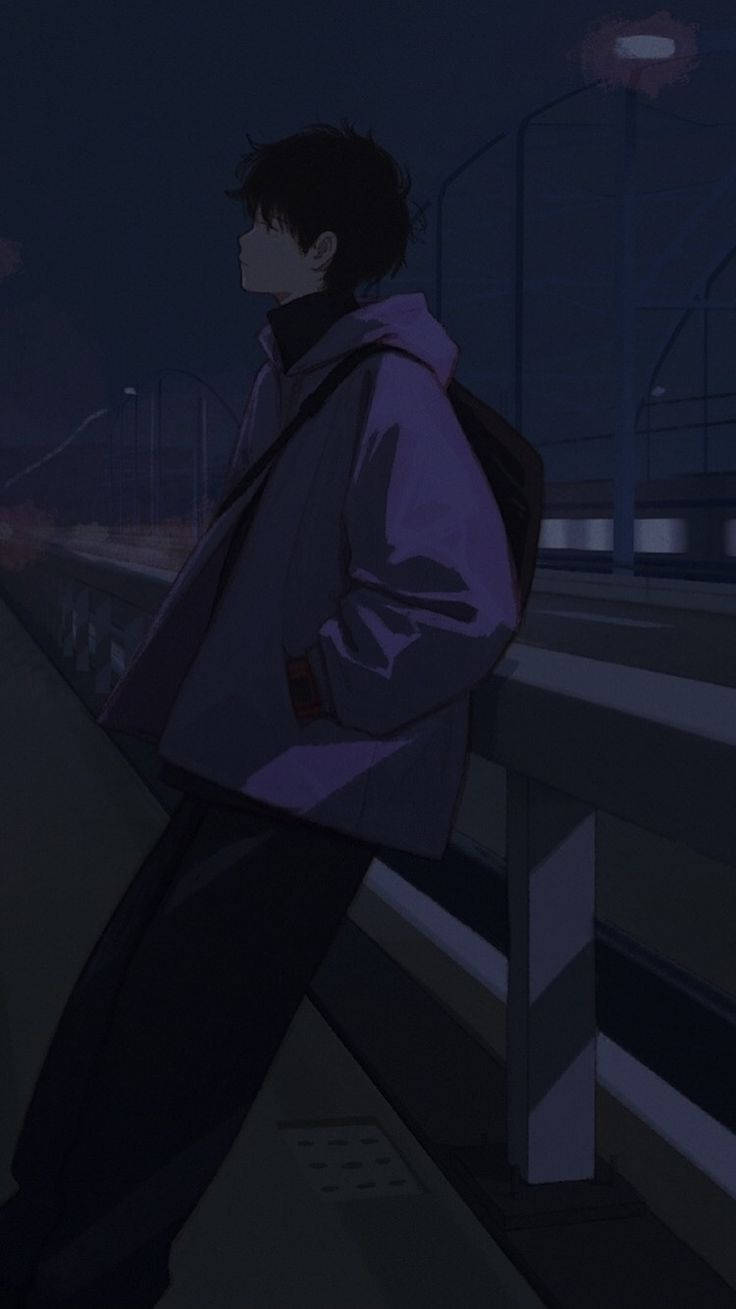 Sad Boy Anime, night street, purple hoodie, HD Phone Wallpaper