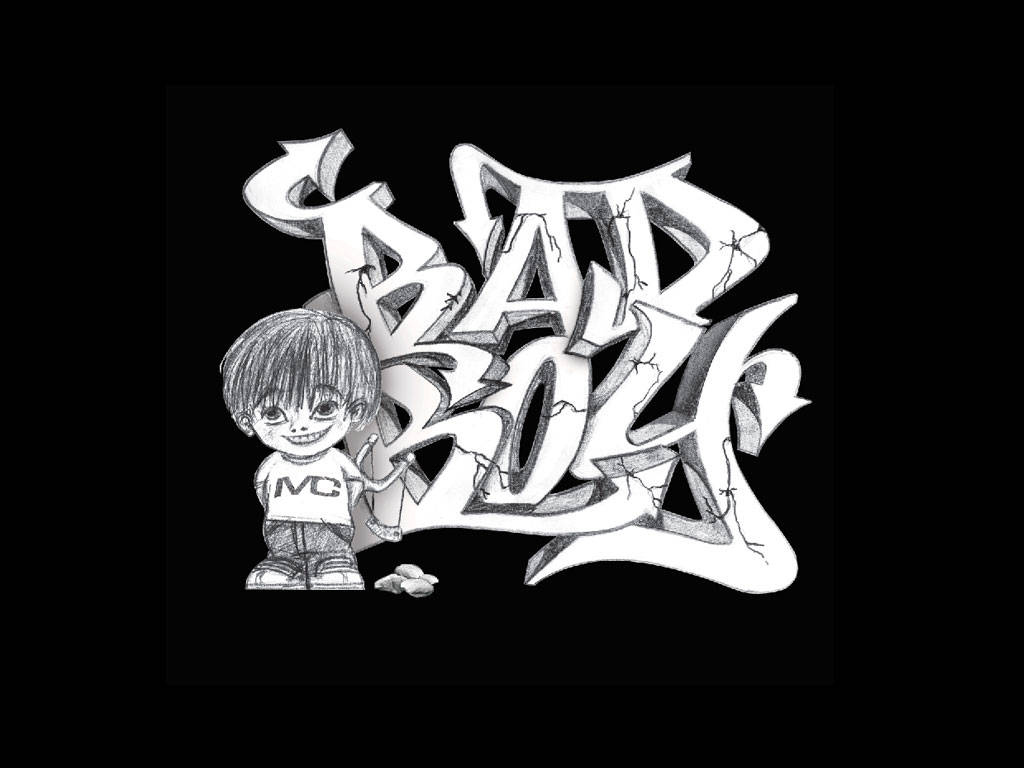 chibi-style boy, cracked graffiti letters, BAD BOY, SD Desktop Wallpaper