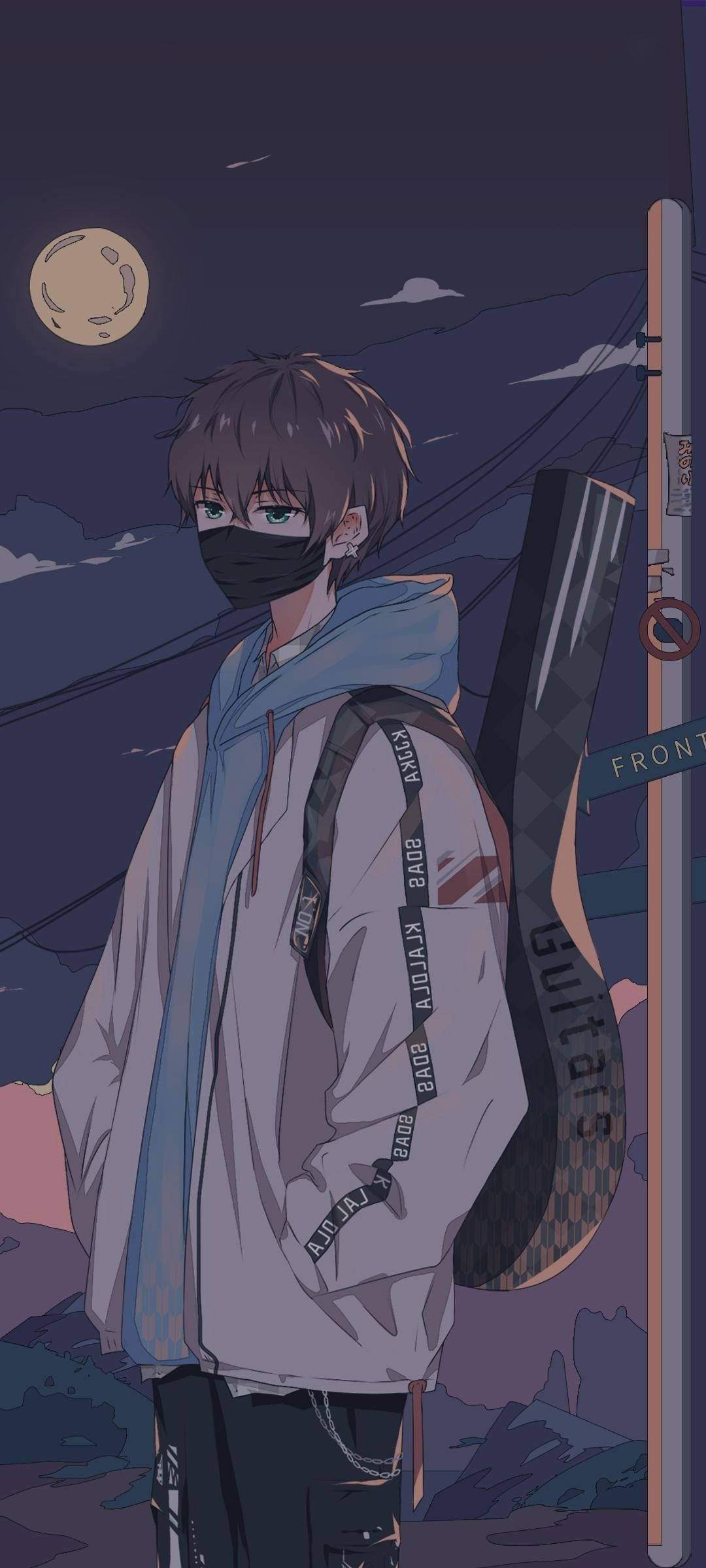 Sad Boy Anime, guitar, masked anime boy, Full HD Phone Wallpaper