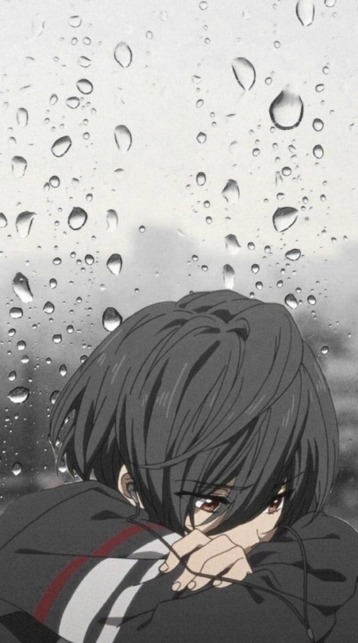 Sad Boy Anime, rain, dark hair, HD Phone Wallpaper
