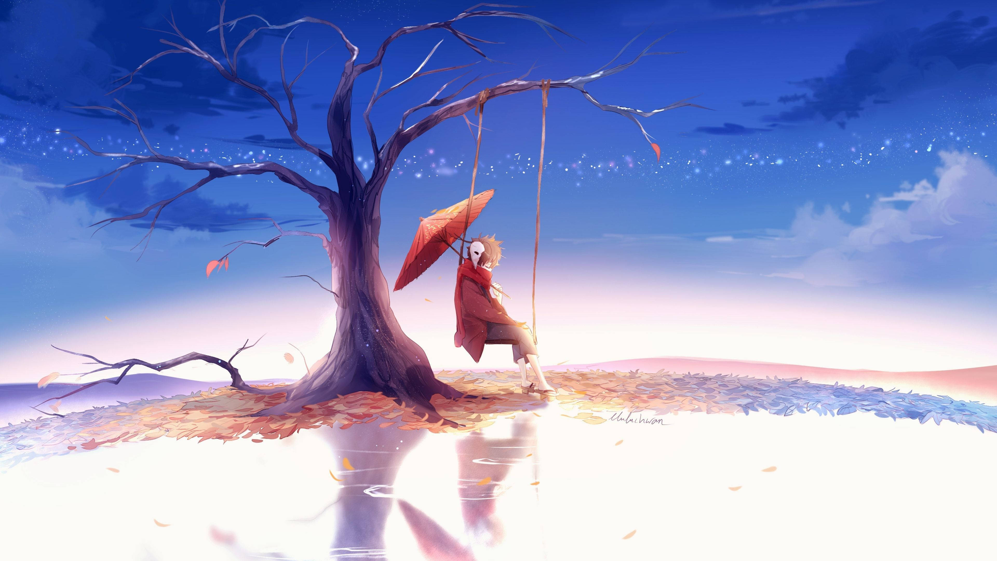 Sad Boy Anime, bare tree, twilight, 4K Desktop Wallpaper