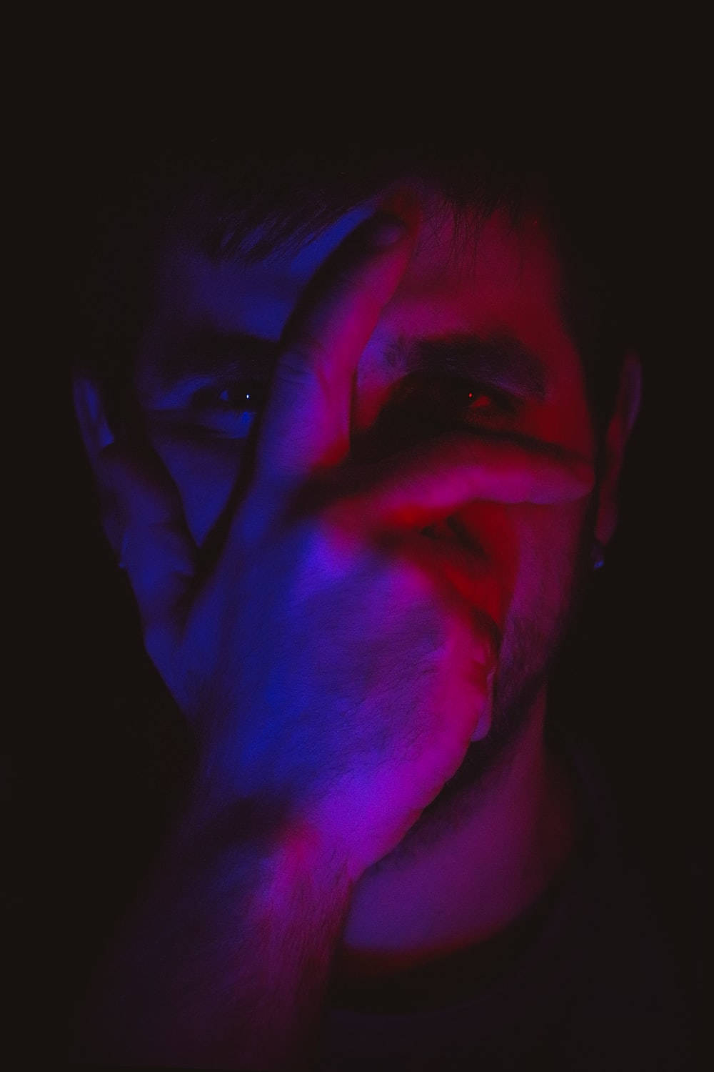 Bad Boy, red and blue neon lights, hand covering face, HD Phone Wallpaper