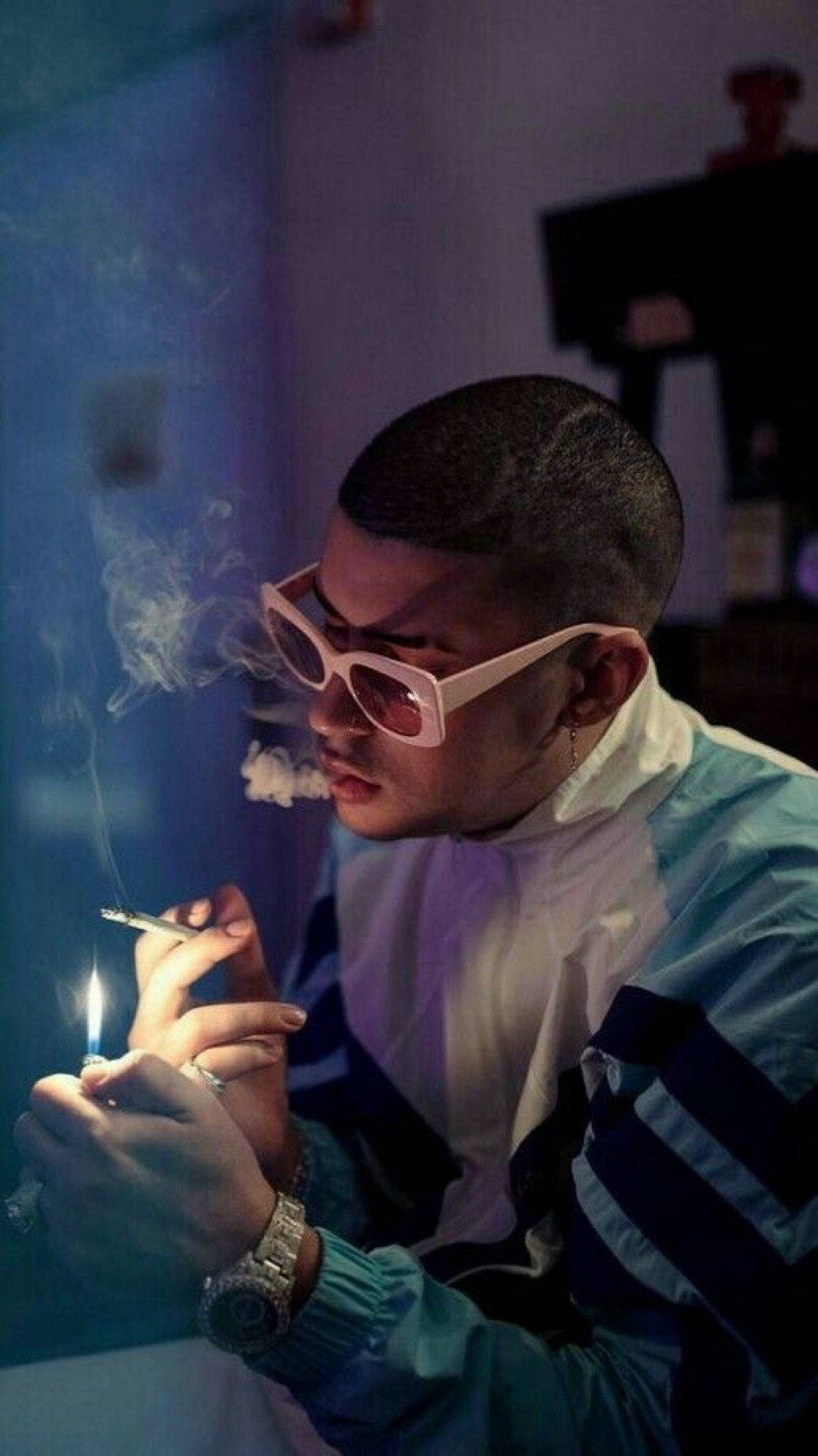 Bad Bunny, pink sunglasses, dim blue-lit room, Full HD Phone Wallpaper