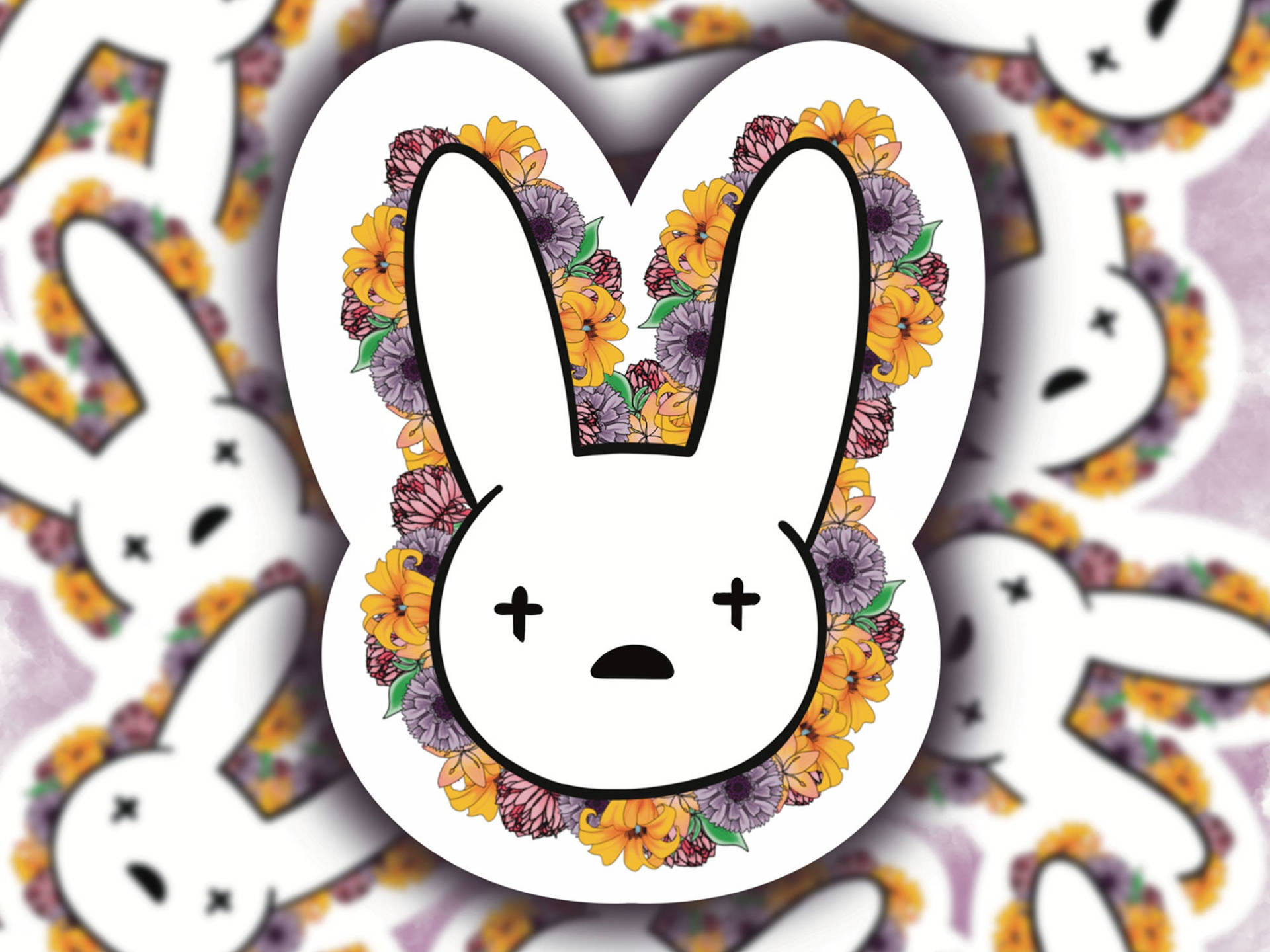 Bad Bunny, white bunny, floral wreath, Full HD Desktop Wallpaper