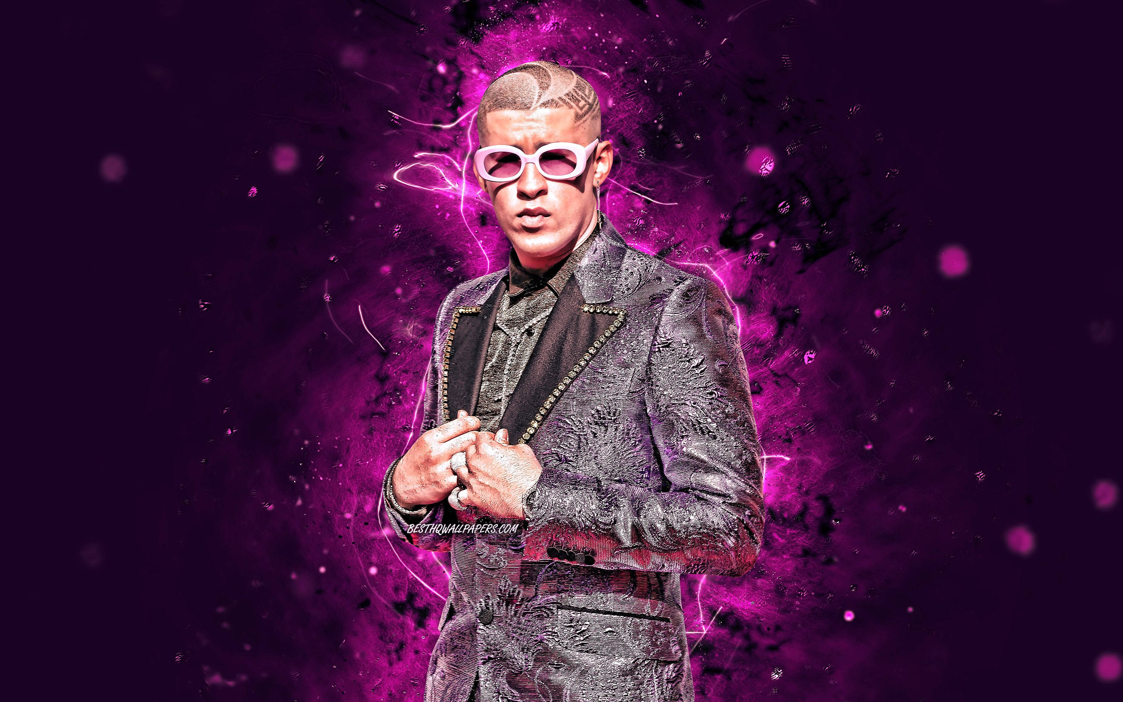 Bad Bunny, lavish purple coat, textured suit, 4K Desktop Wallpaper