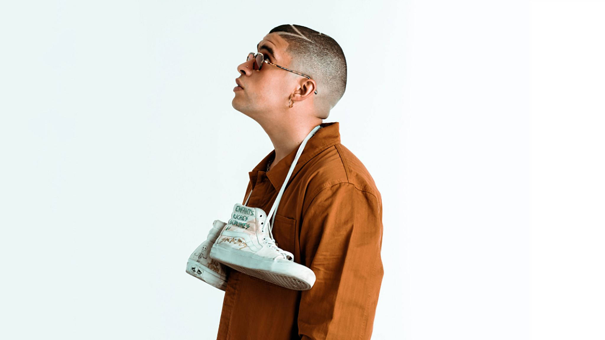 Bad Bunny, white sneakers, orange shirt, Full HD Desktop Wallpaper