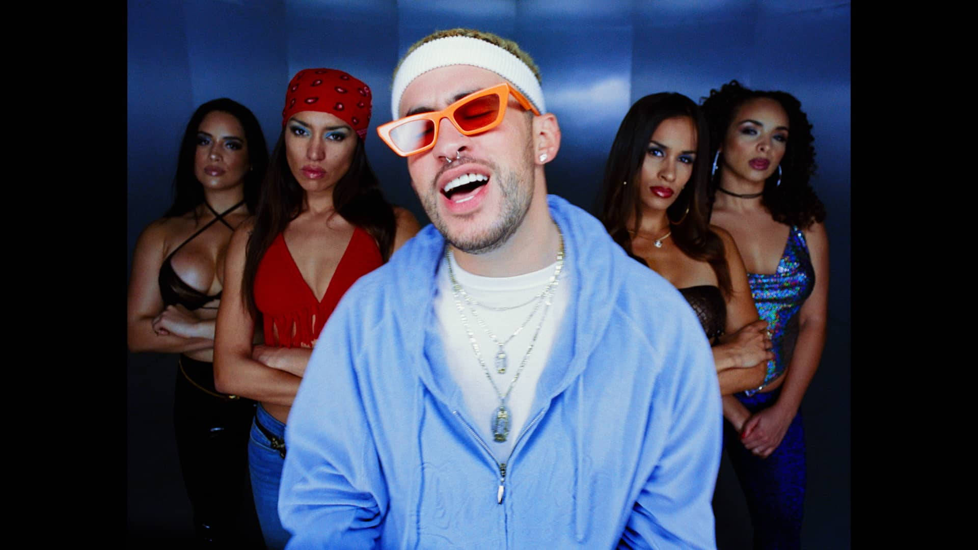 Bad Bunny, orange sunglasses, blue hoodie, Full HD Desktop Wallpaper