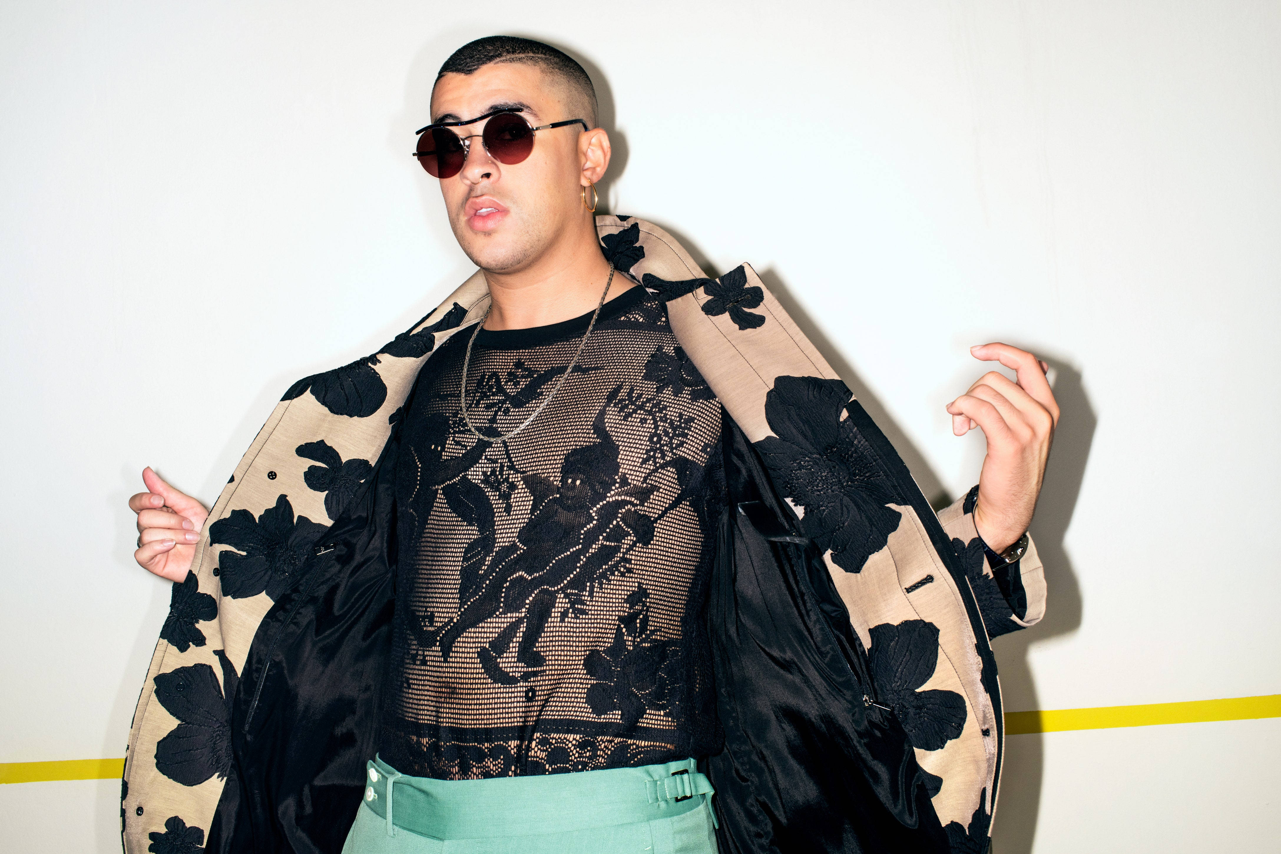 Bad Bunny, see-through shirt, floral jacket, 4K Desktop Wallpaper