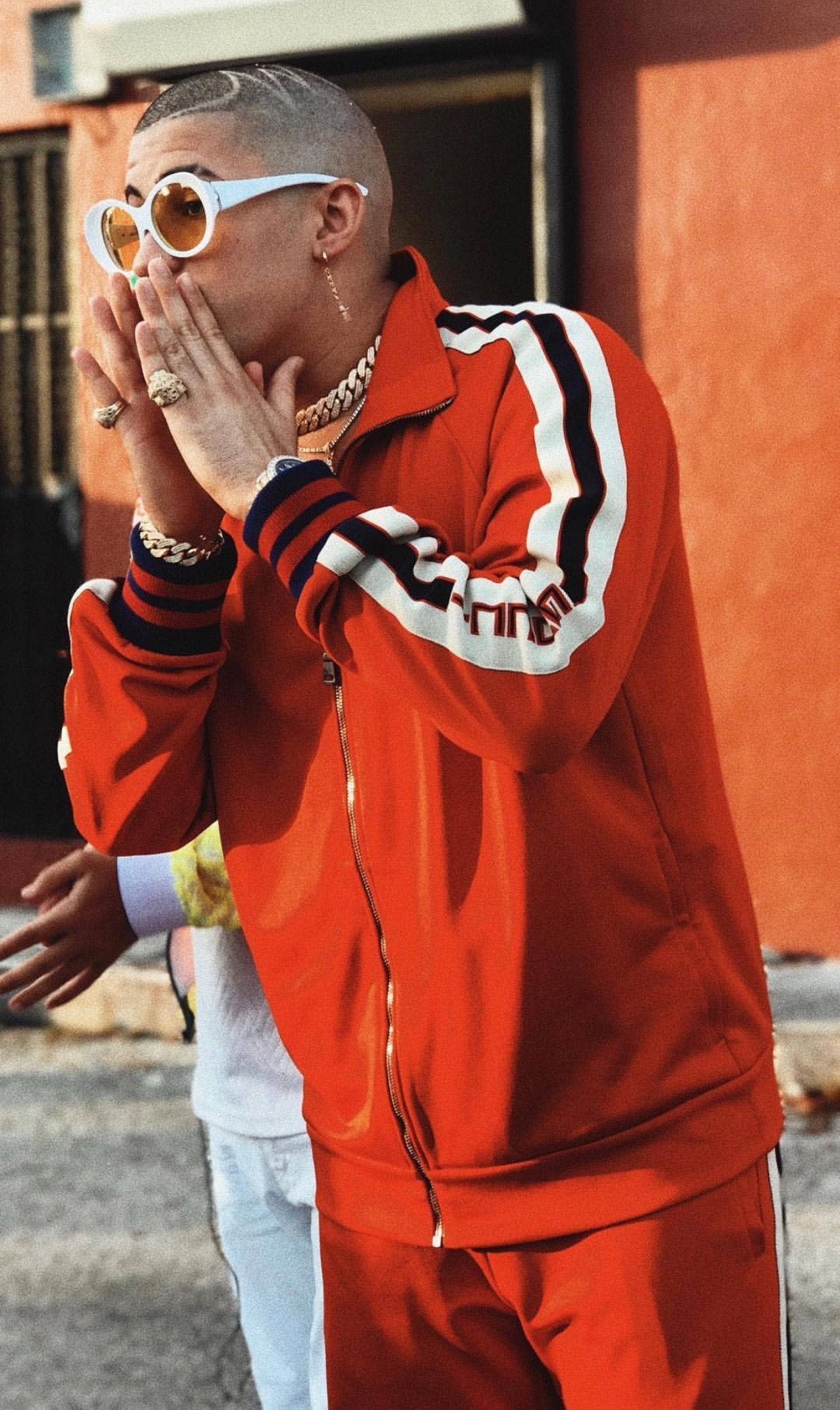 Bad Bunny, red tracksuit, white sunglasses, Full HD Phone Wallpaper