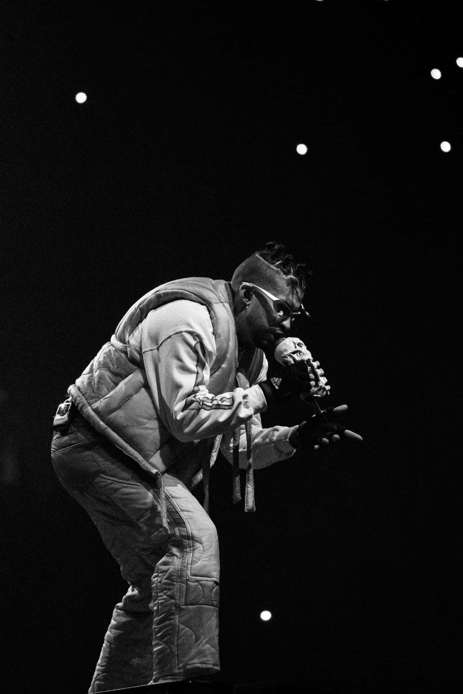 Bad Bunny, quilted outfit, microphone, Full HD Phone Wallpaper