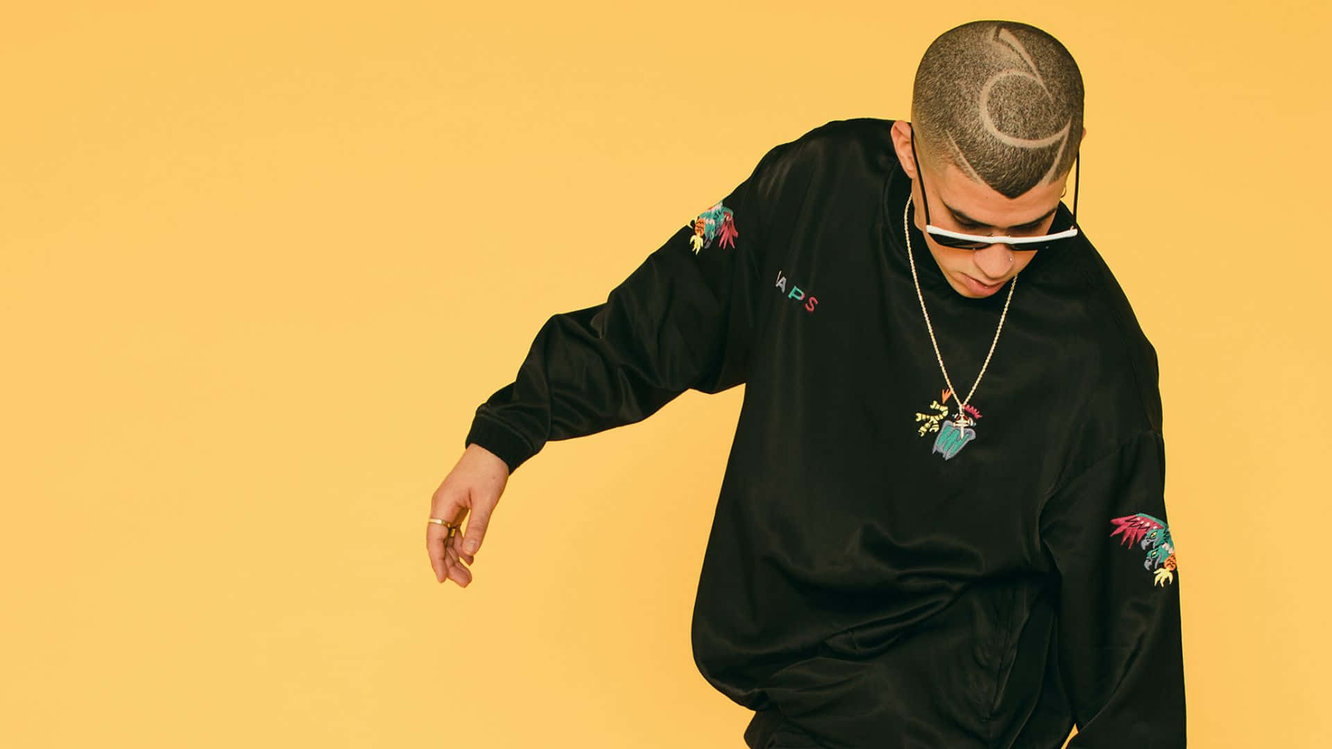 Bad Bunny, yellow backdrop, shaved head, Full HD Desktop Wallpaper